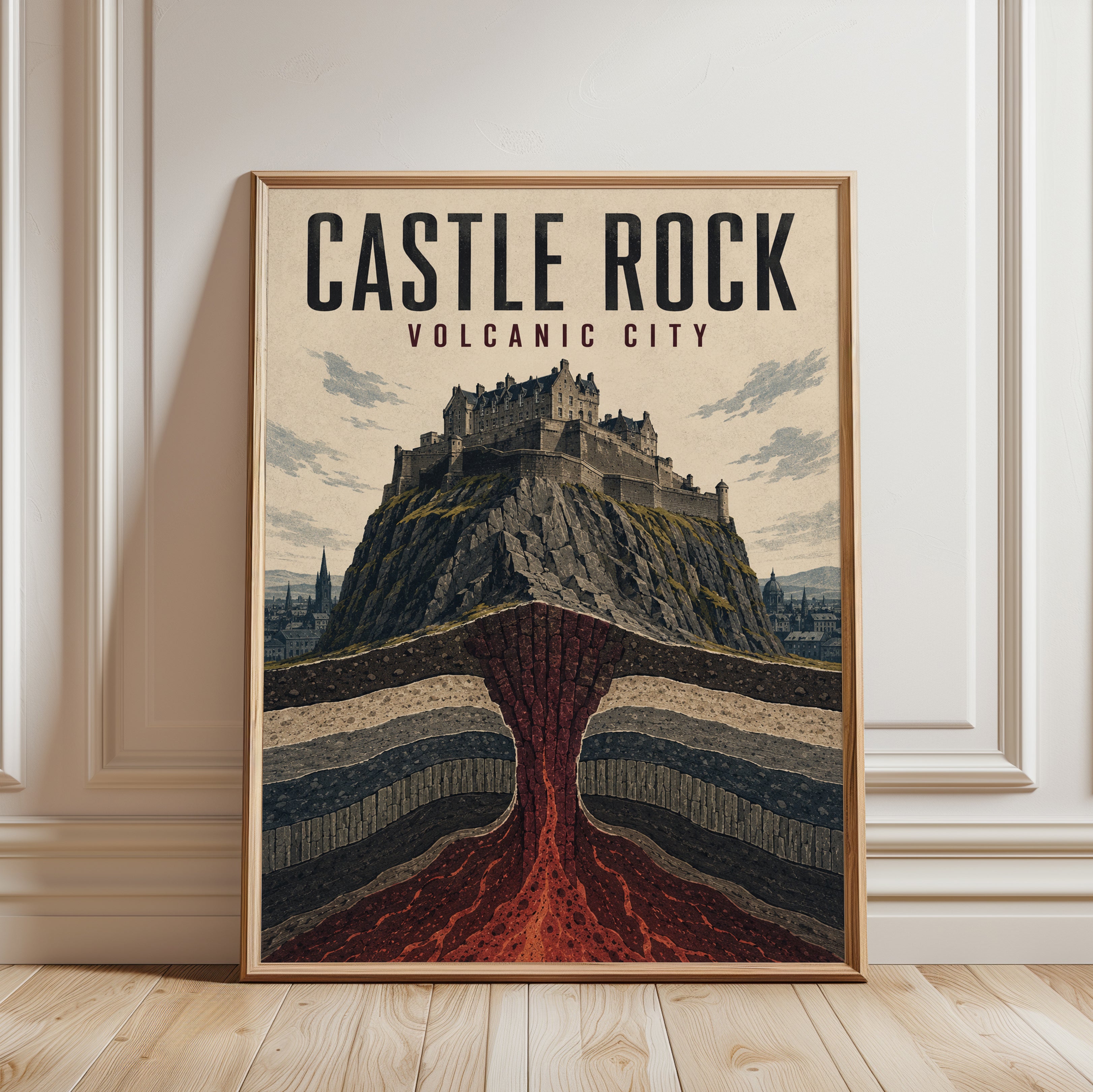 Vintage Travel Poster – Castle Rock Volcanic City - framed detail