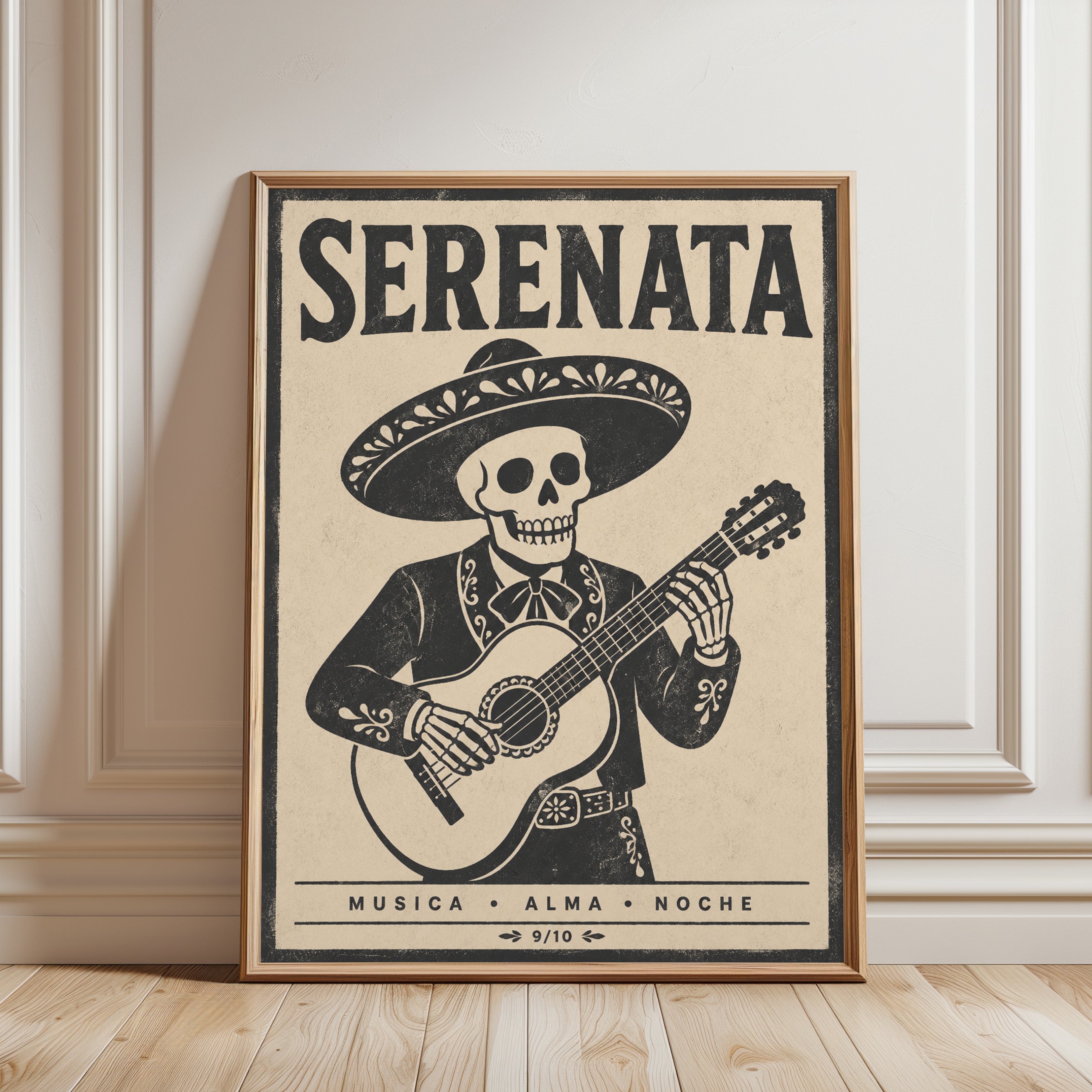 Mariachi Skeleton Print: Día de los Muertos Mexican Folk Art - framed detail