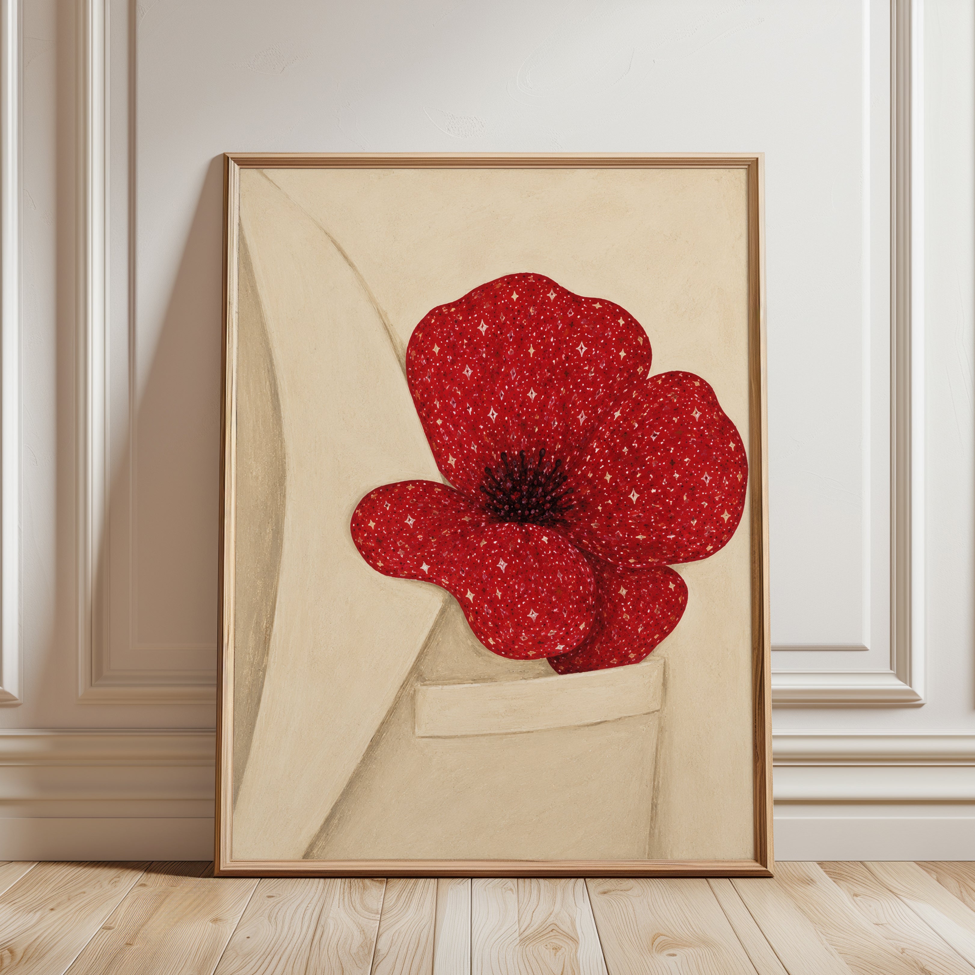 Red Poppy Wall Art: Minimalist Botanical Illustration - framed detail