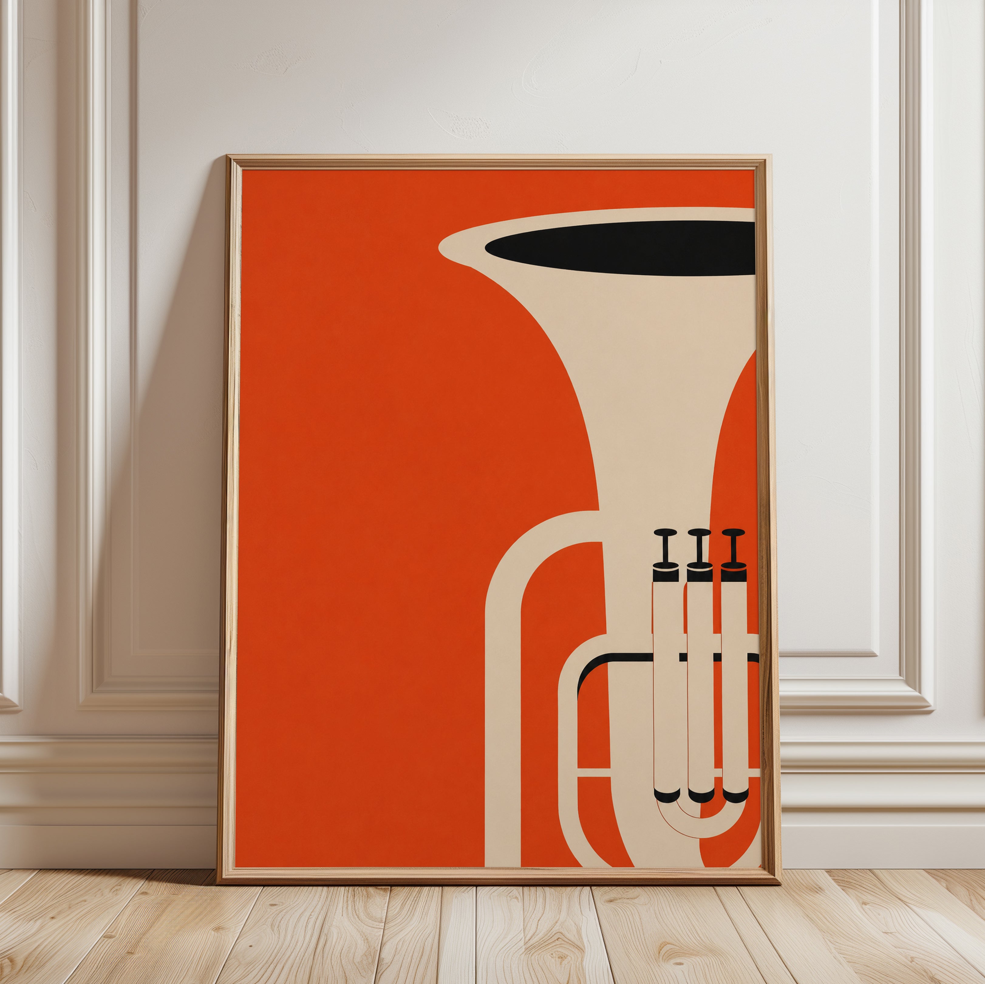 Vintage Trumpet Art Print: Minimalist Orange Modernist Design - framed detail