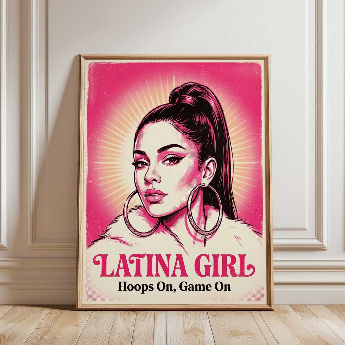 Latina Girl Pop Art Print: Pink Street Art Portrait Poster - framed detail