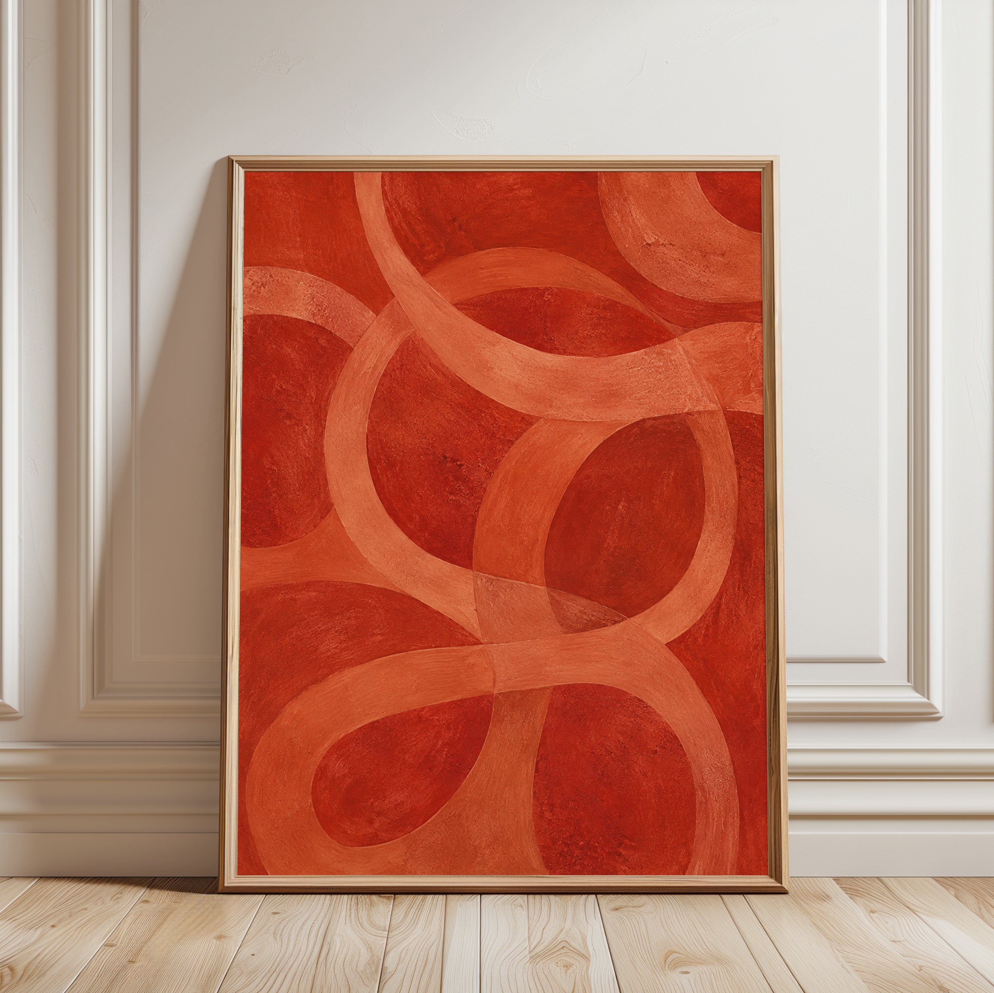 Retro Red Abstract Curves Wall Art: Mid-Century Modern Design - framed detail