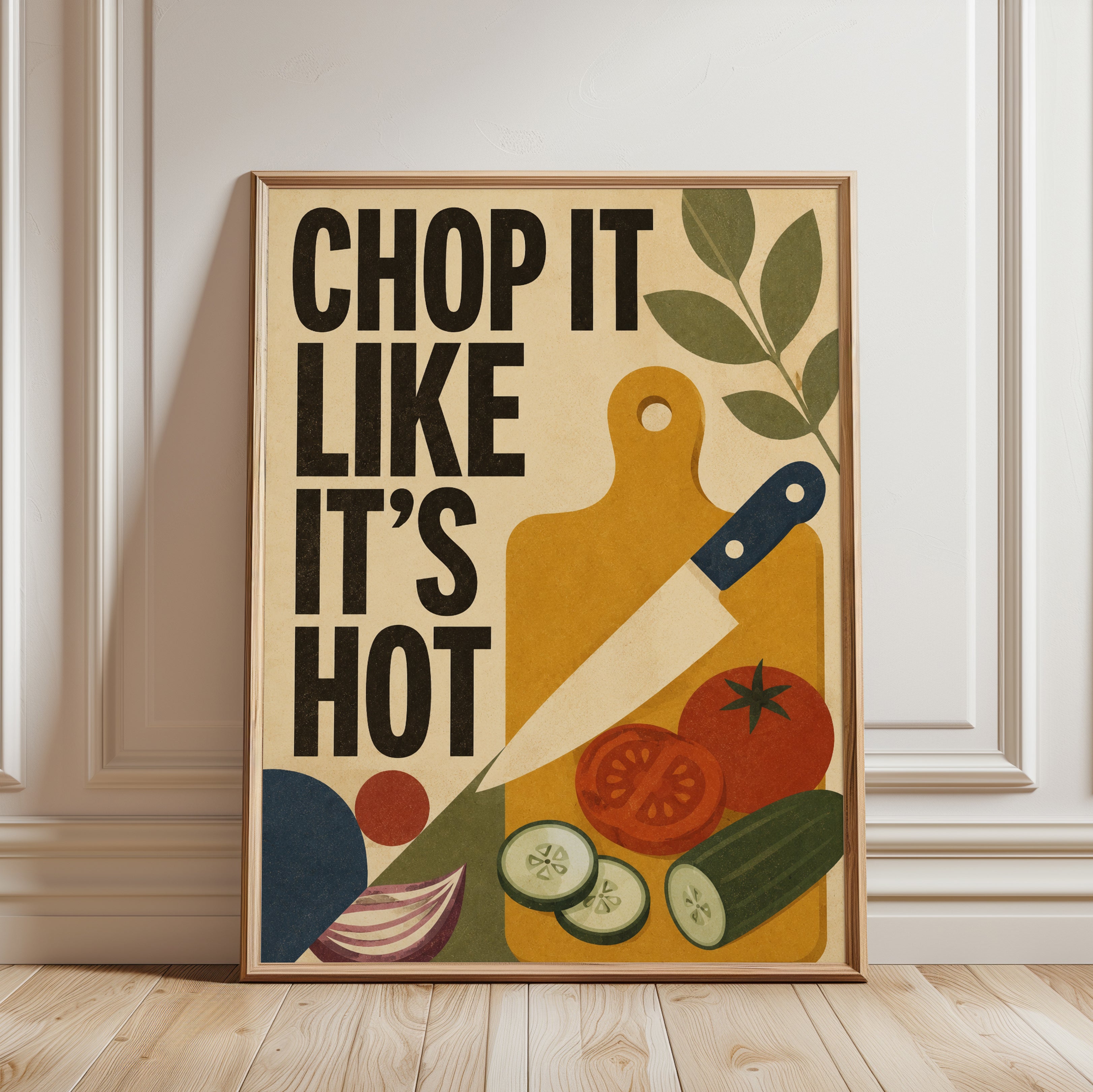 Chop It Like It's Hot Kitchen Wall Art: Retro Cooking Print - framed detail
