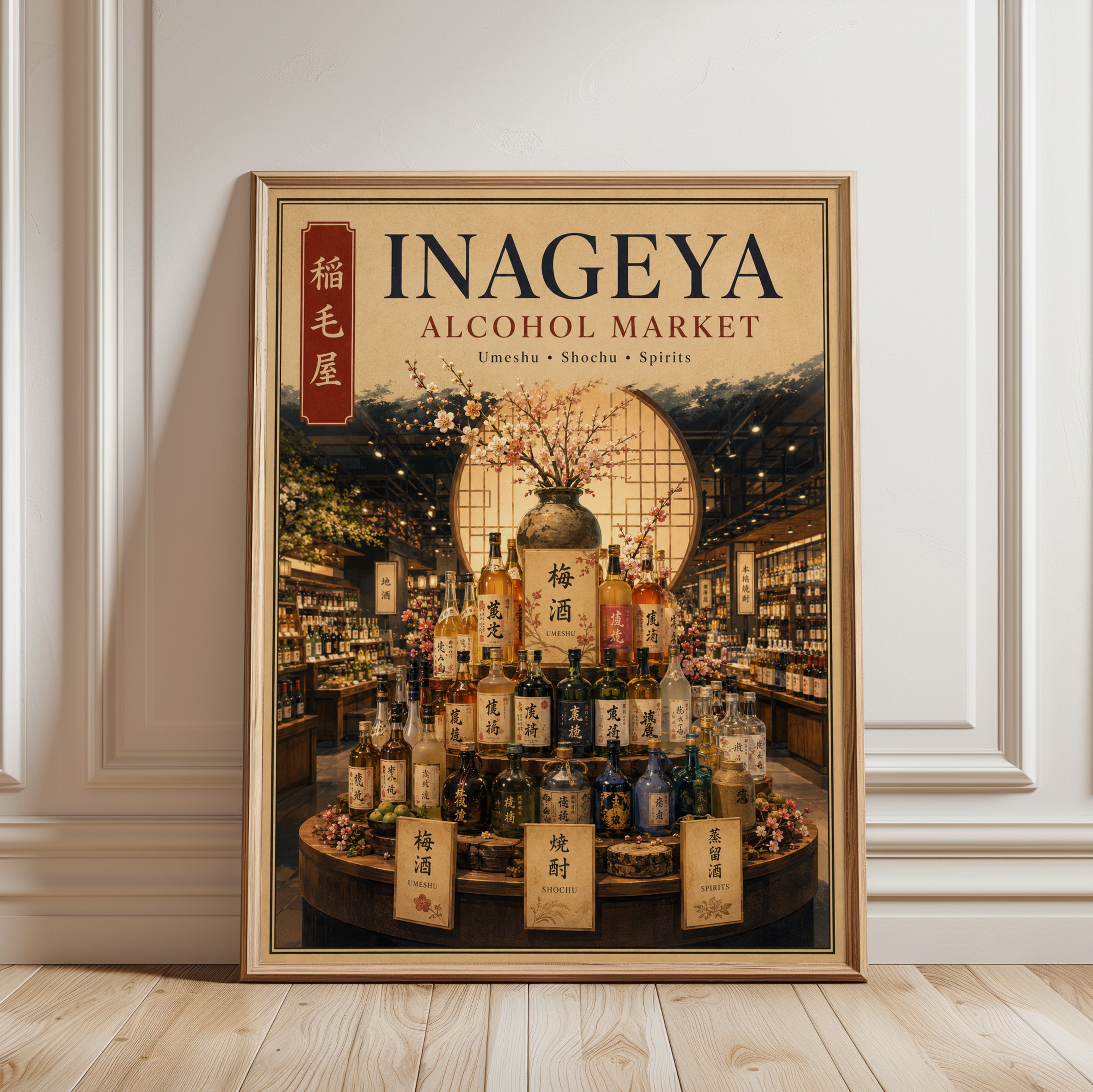 Japanese Sake Shop Poster: Traditional Inageya Market Art - framed detail