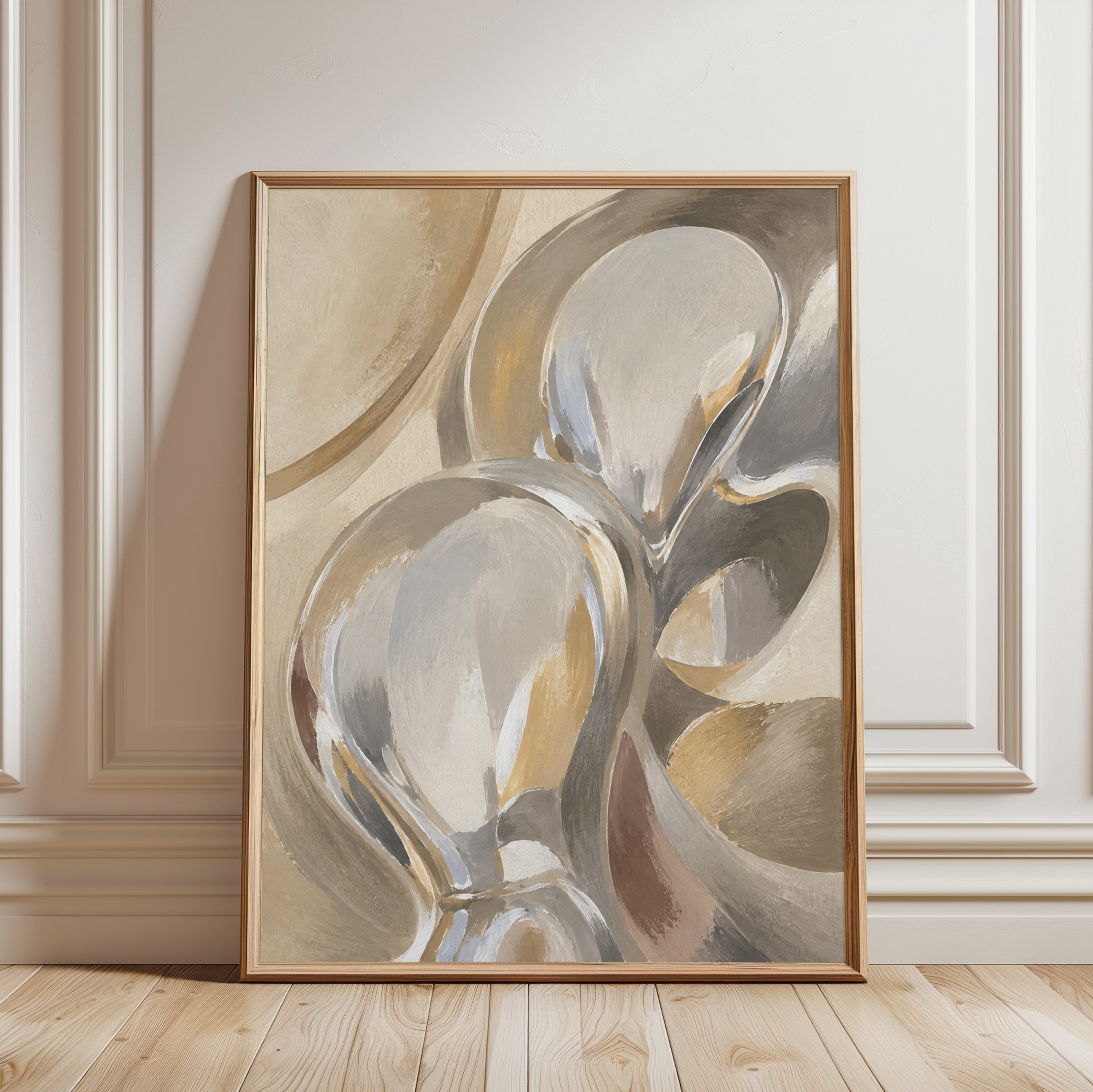 Abstract Feminine Figure Art Print: Neutral Beige and Gray - framed detail