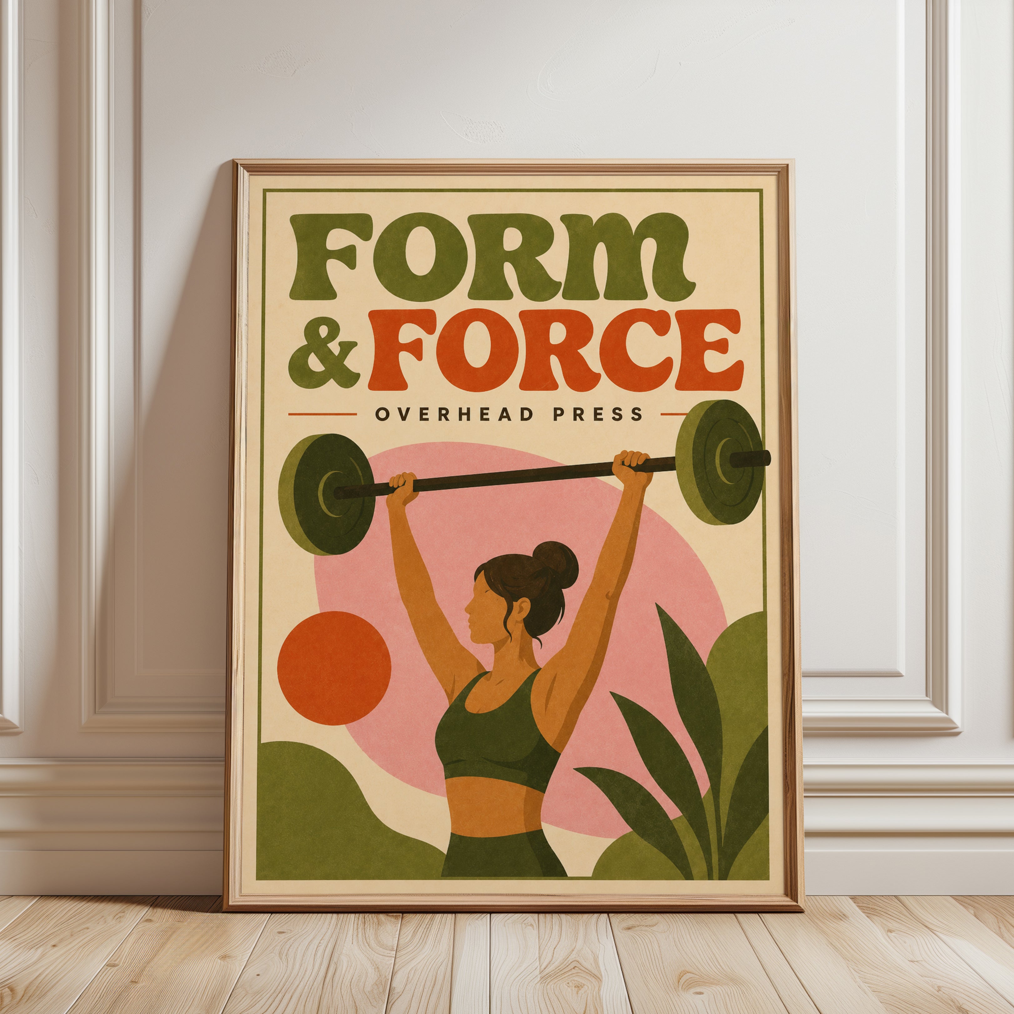 Overhead Press Wall Art: Vintage Gym Poster (Mid-Century Style) - framed detail