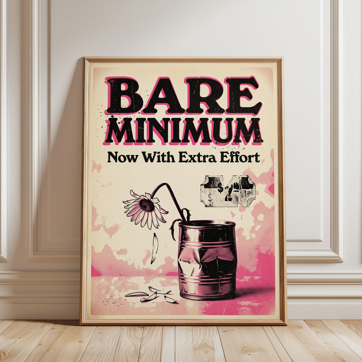 Bare Minimum Poster: Vintage Typography Art Print Pink Black - framed detail