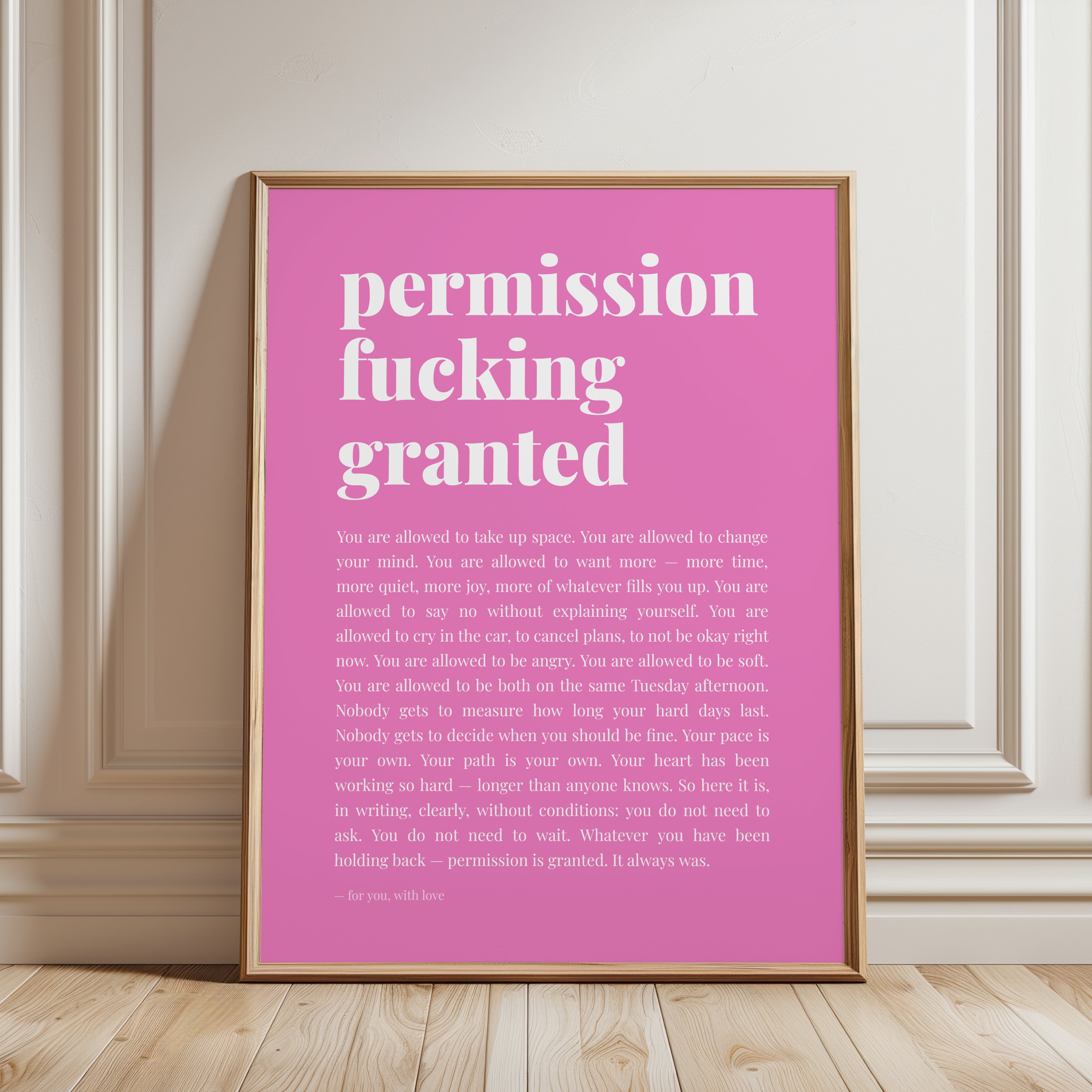 Permission Granted Typography Print: Pink Motivational Wall Art - framed detail