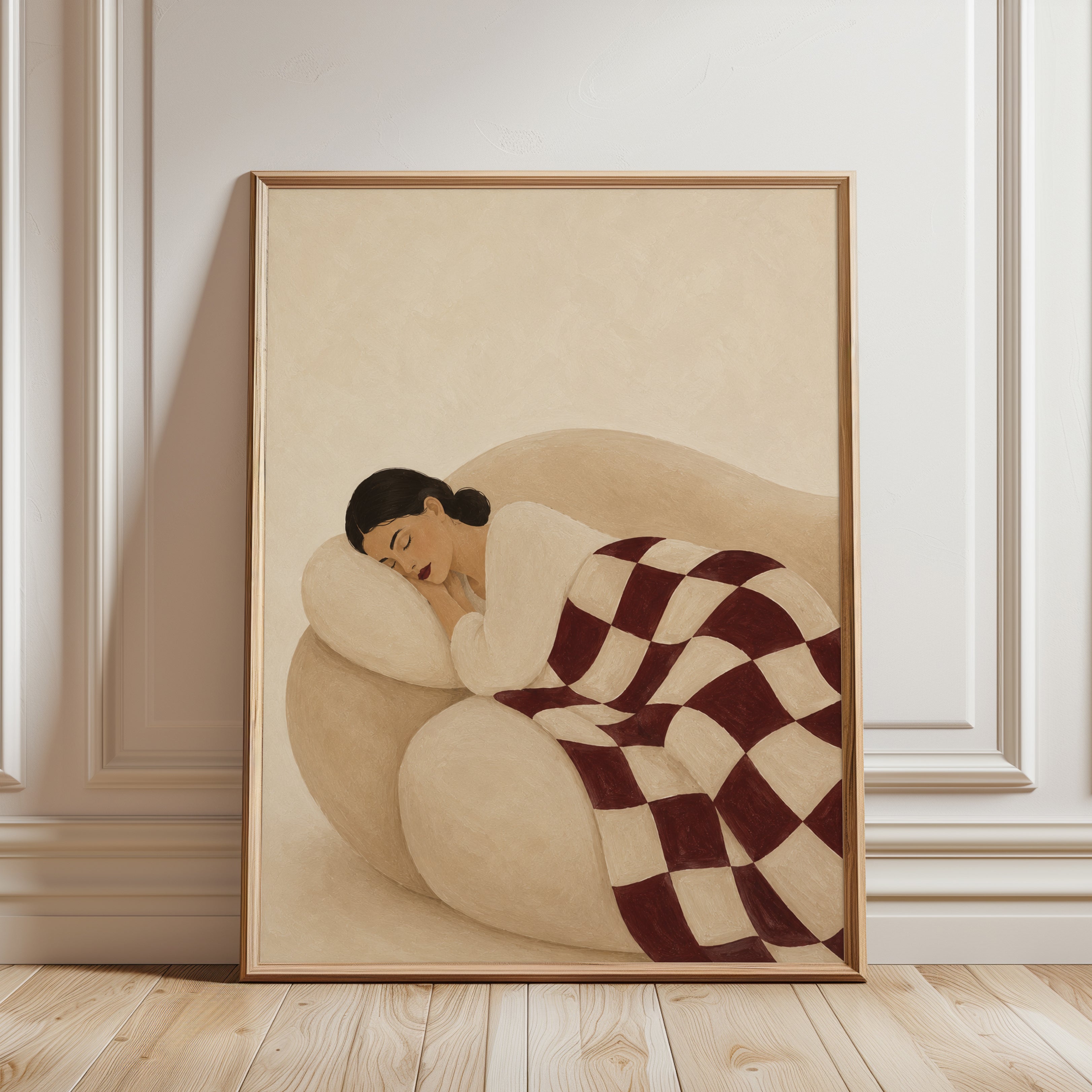 Resting Woman Art Print: Minimalist Beige and Burgundy Figurative - framed detail