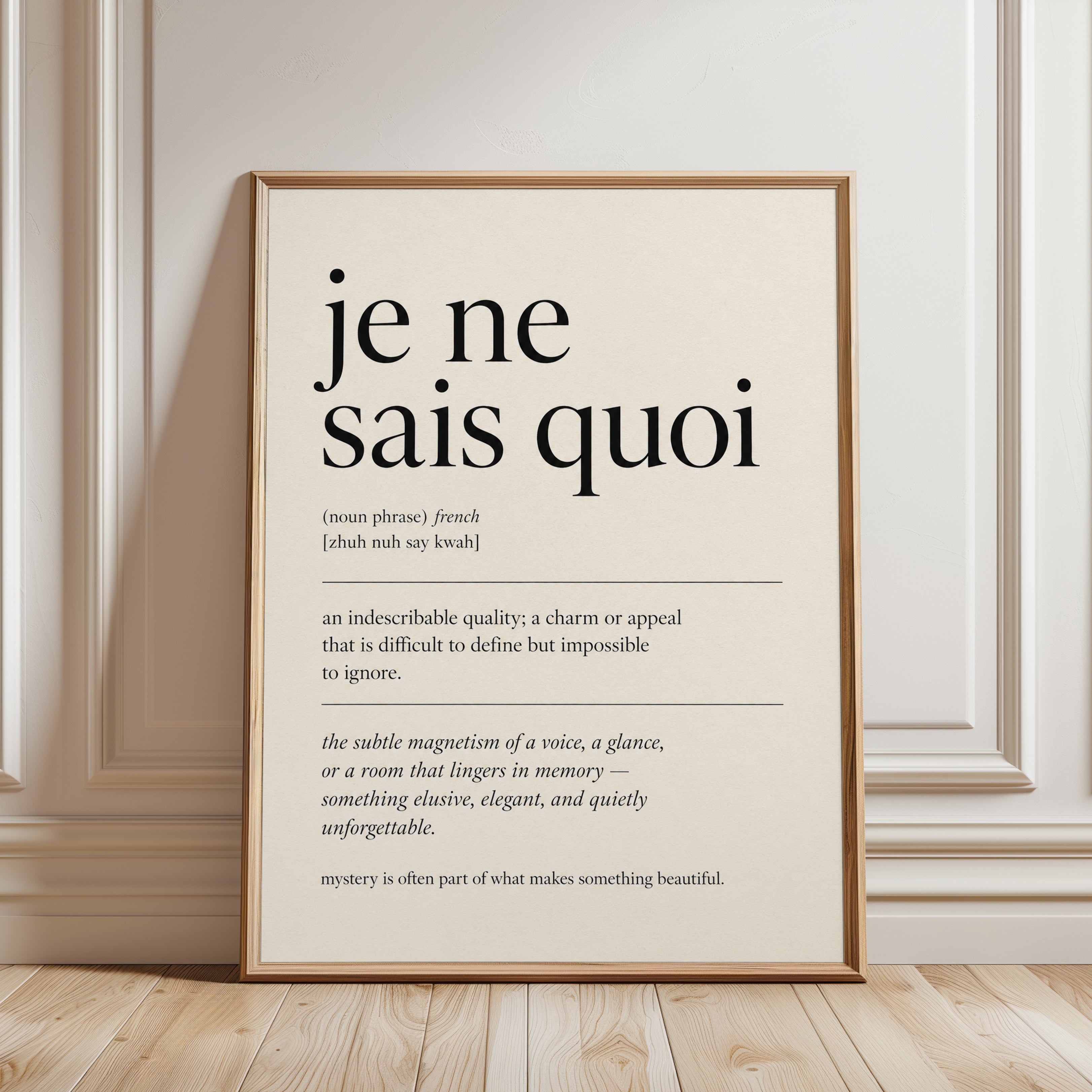 French Quote Print: Je Ne Sais Quoi Definition (Minimalist Wall Art) - framed detail