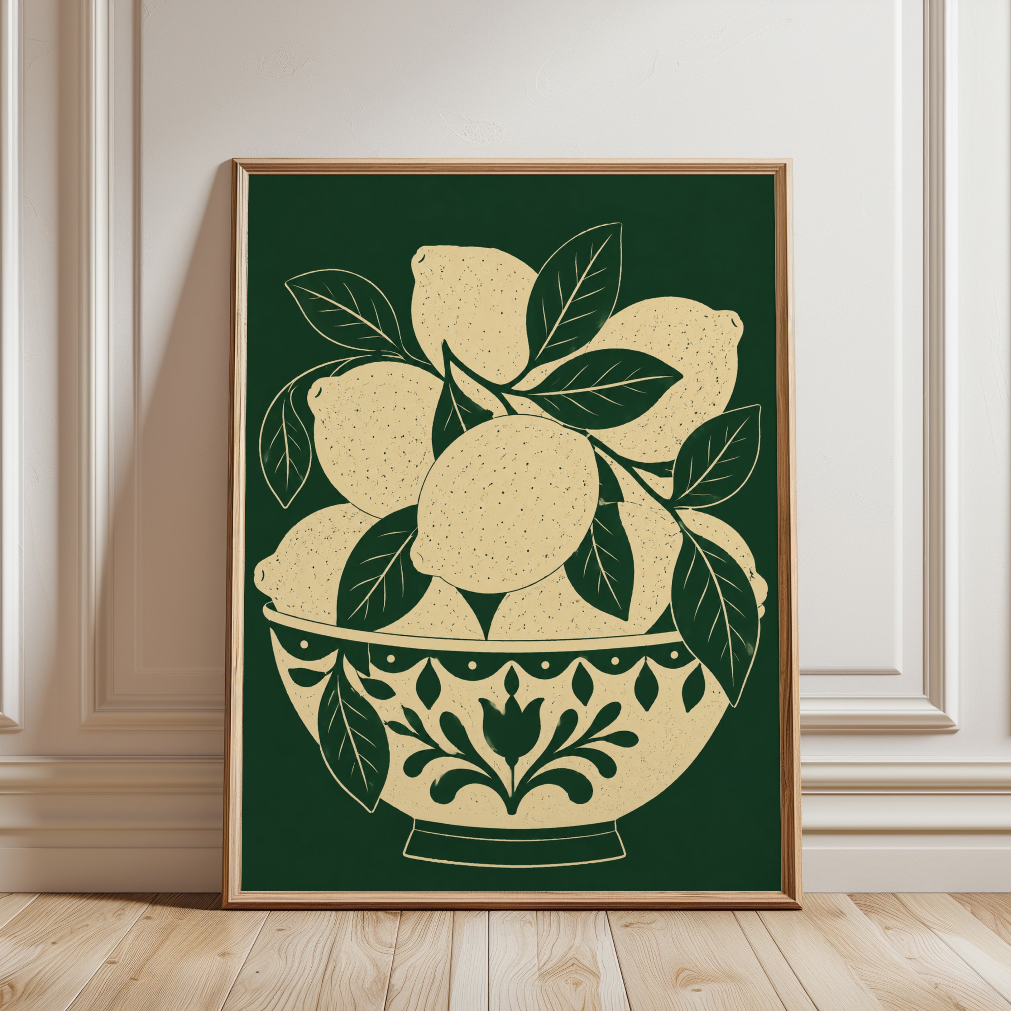 Lemon Bowl Wall Art – Folk Art Kitchen Print - framed detail