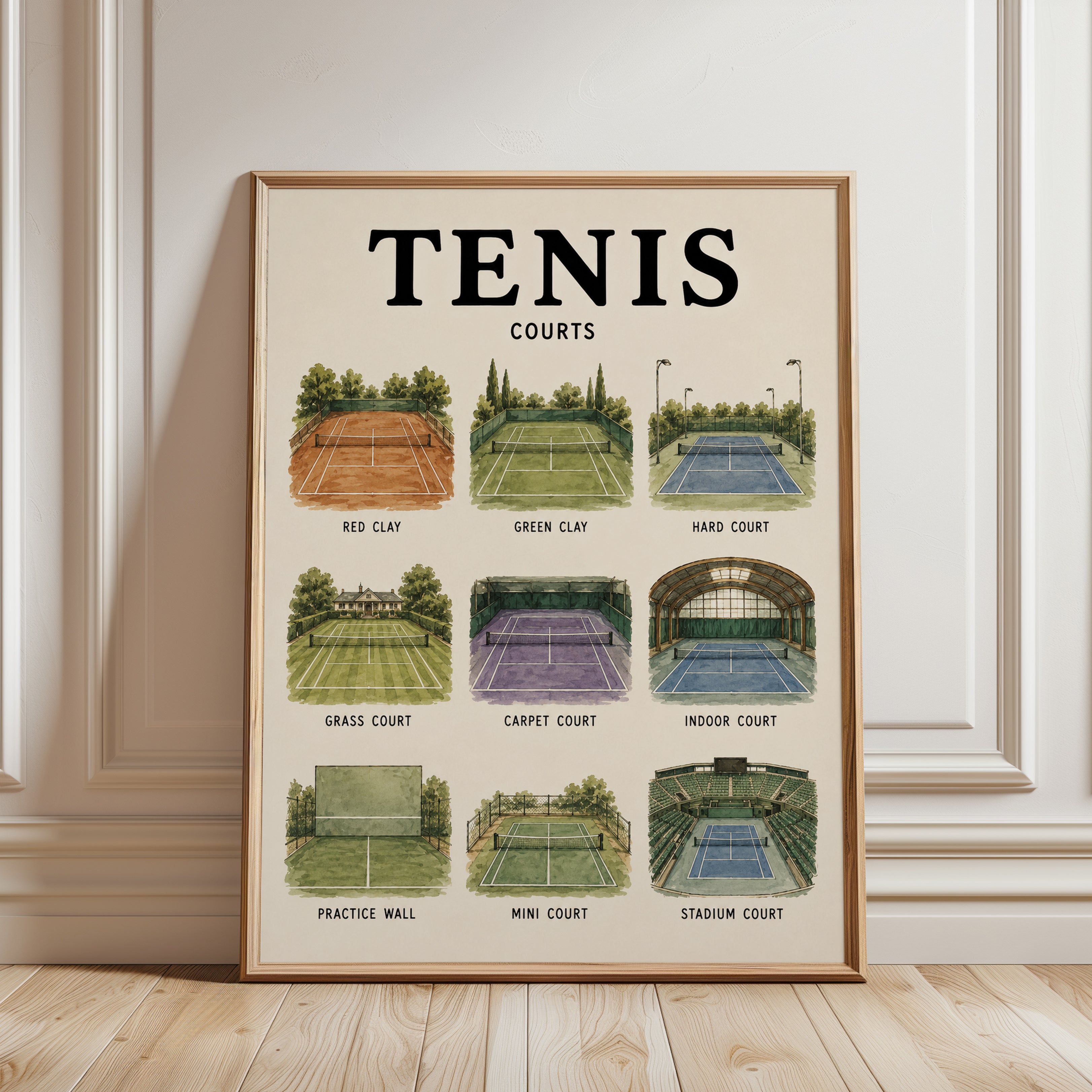Tennis Courts Educational Print — Illustrated Types of Courts - framed detail