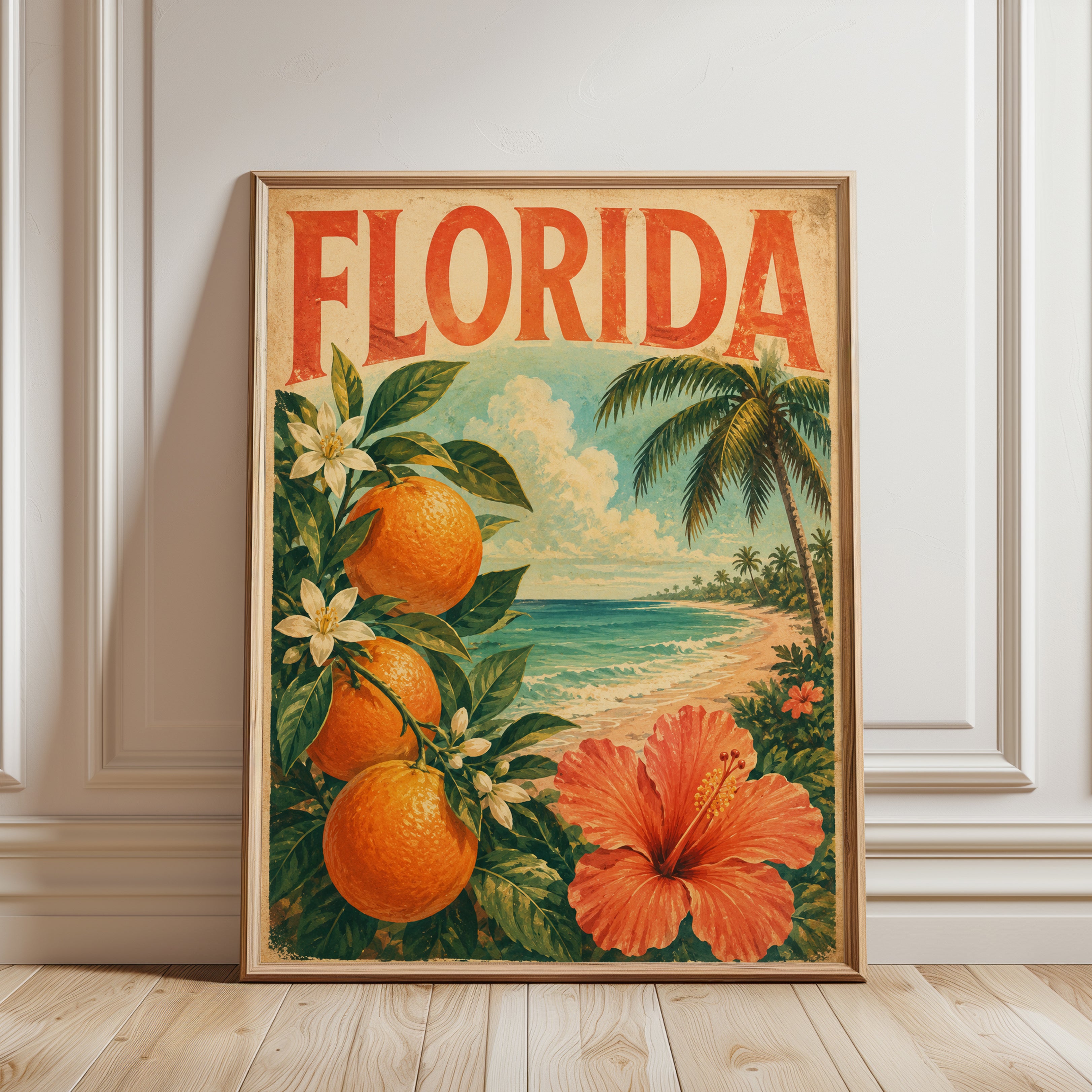 Florida Oranges Travel Poster: Vintage Tropical Beach Art Print - framed detail
