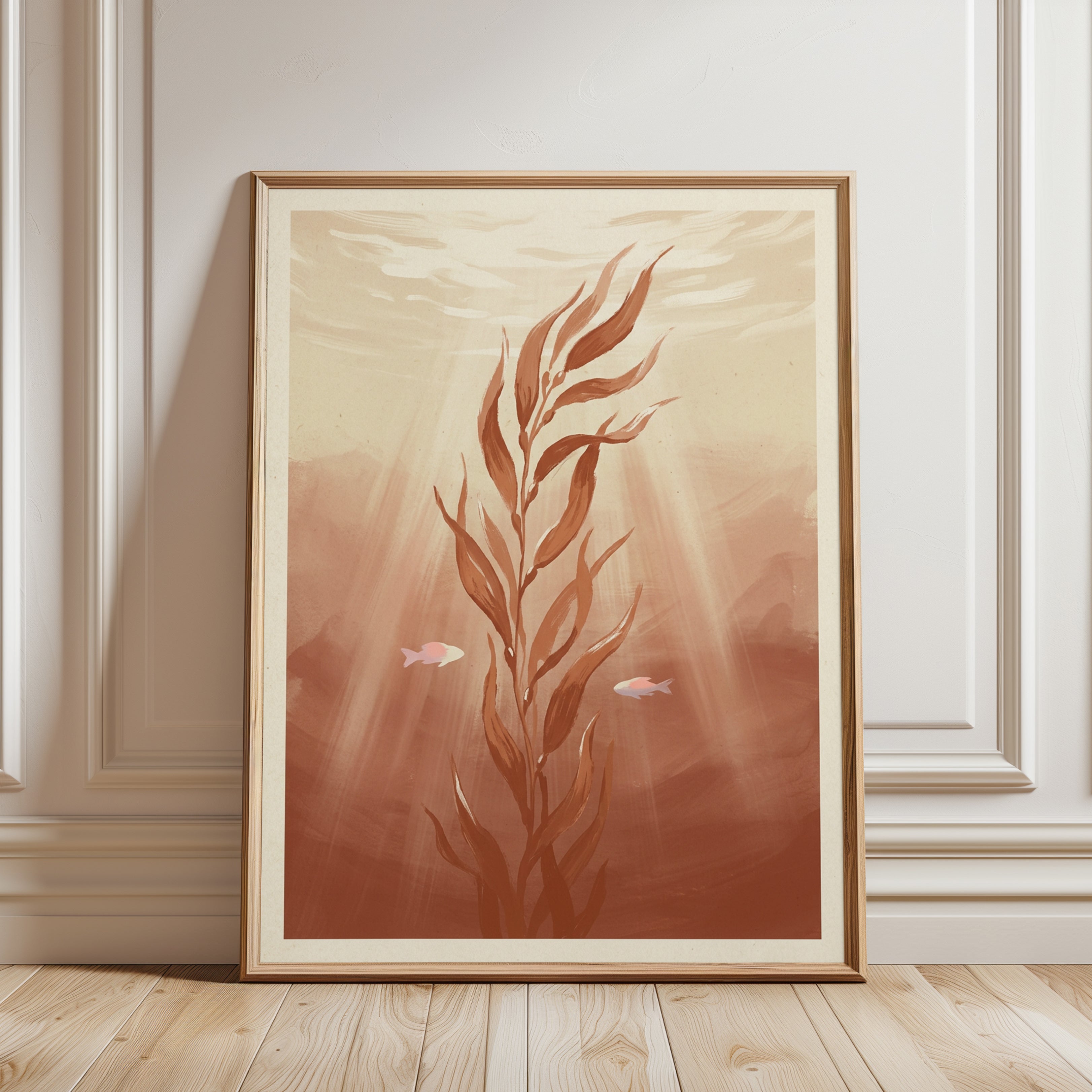 Underwater Seaweed Art Print: Minimalist Coral Ocean Scene - framed detail