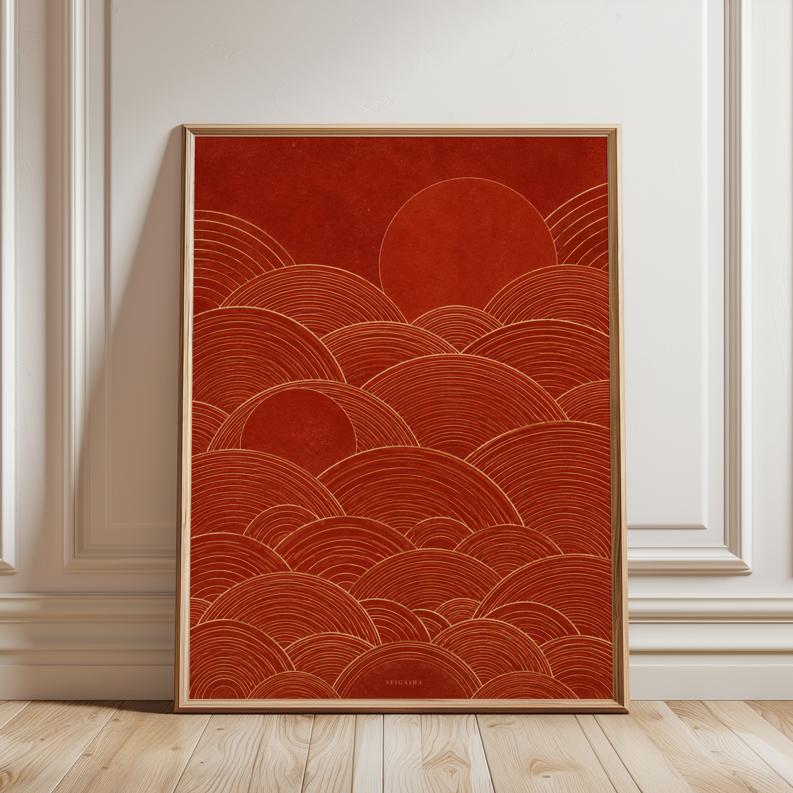 Japanese Wave Art Print: Red Seigaiha Pattern with Sun - framed detail