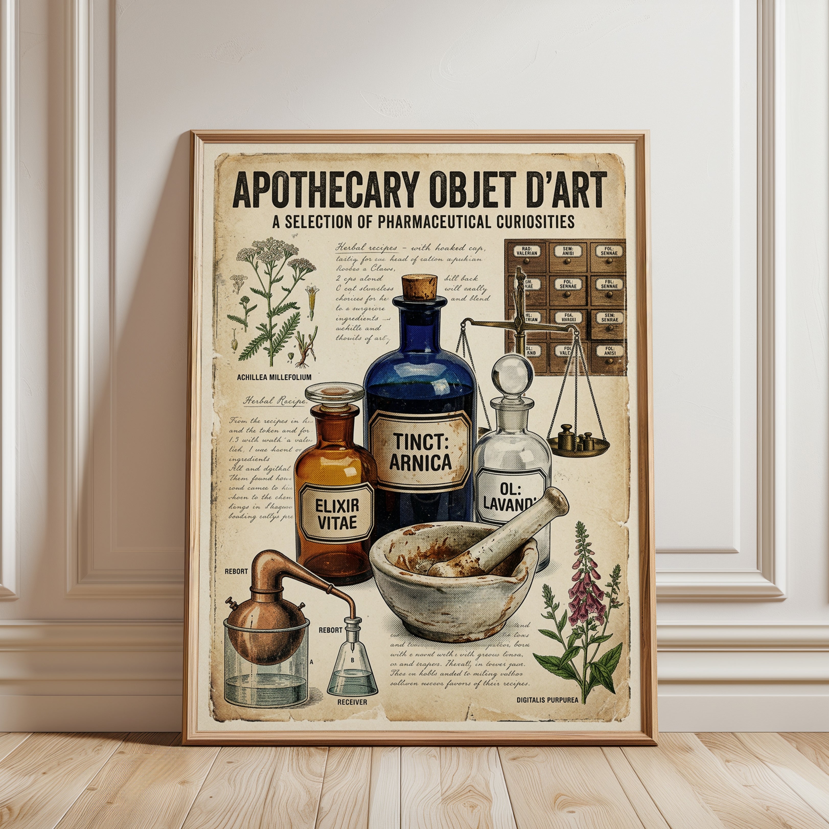 Apothecary Poster Print — Vintage Pharmaceutical Curiosities - framed detail