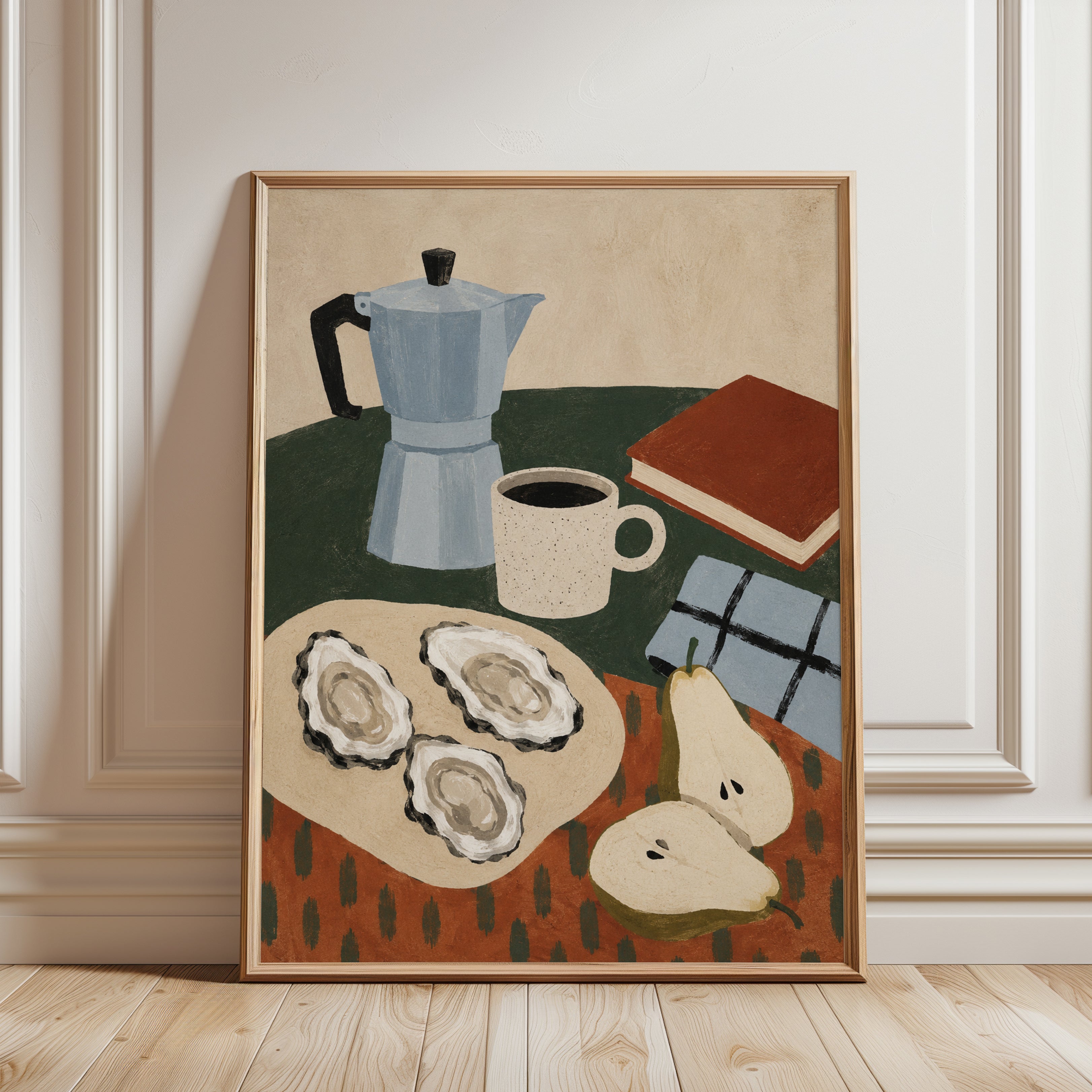Coffee and Oysters Still Life: Modernist Kitchen Art Print - framed detail