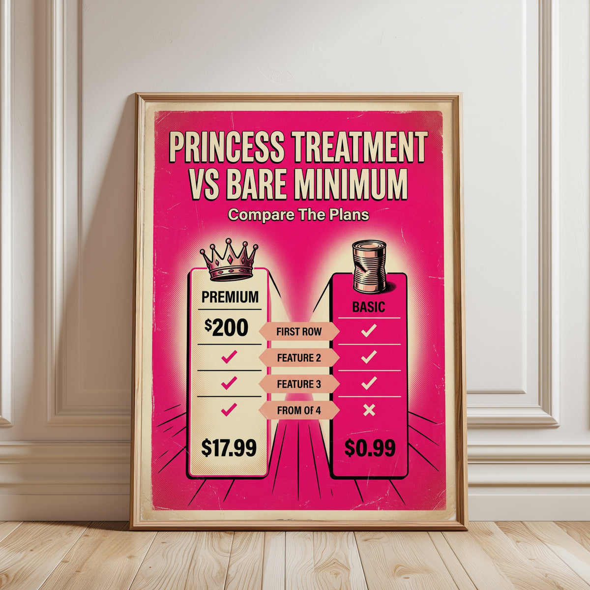 Retro Pricing Comparison Poster: Pink Pop Art Advertising Design - framed detail