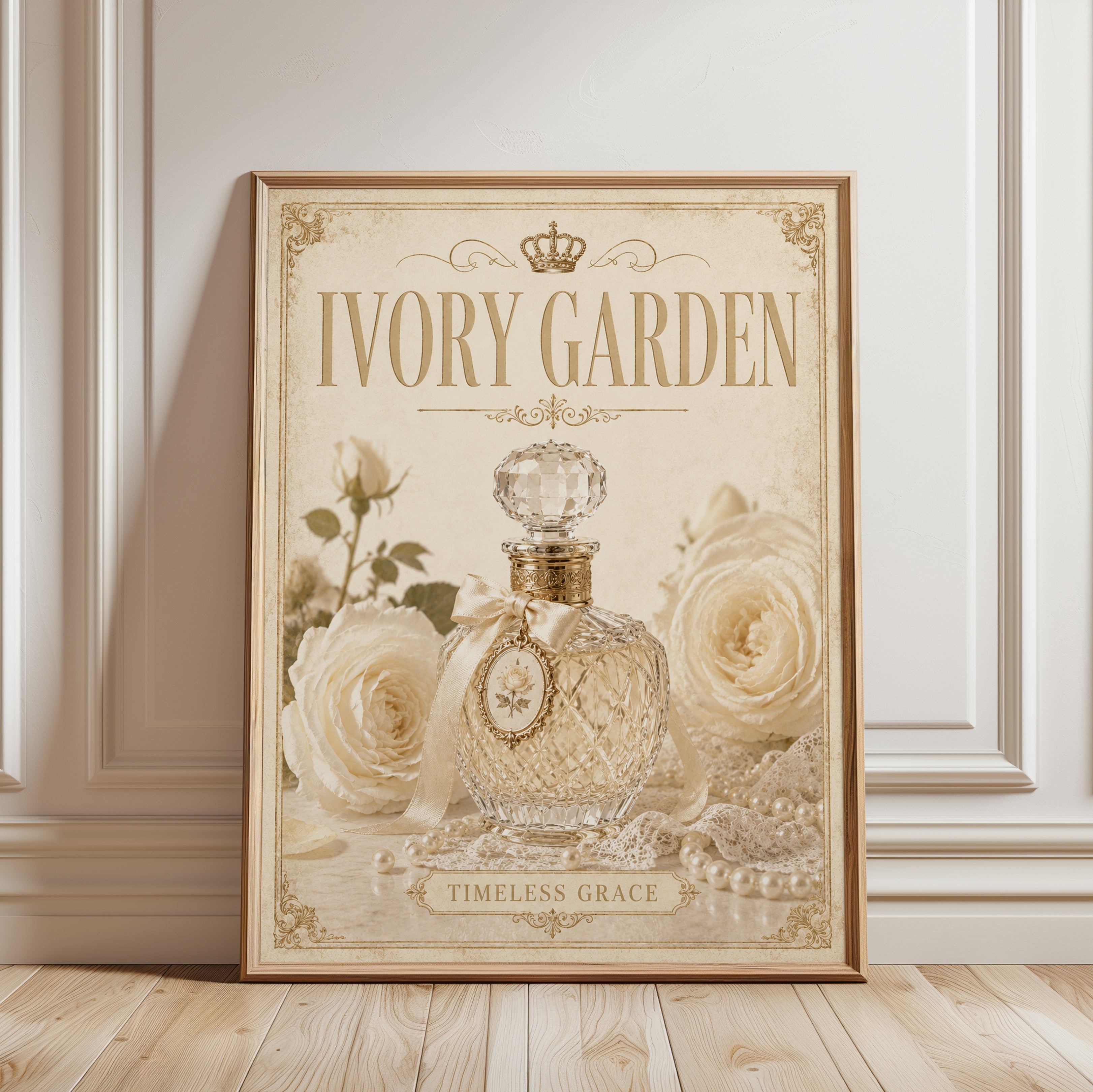 Vintage Perfume Bottle Print — Ivory Garden French Elegance - framed detail