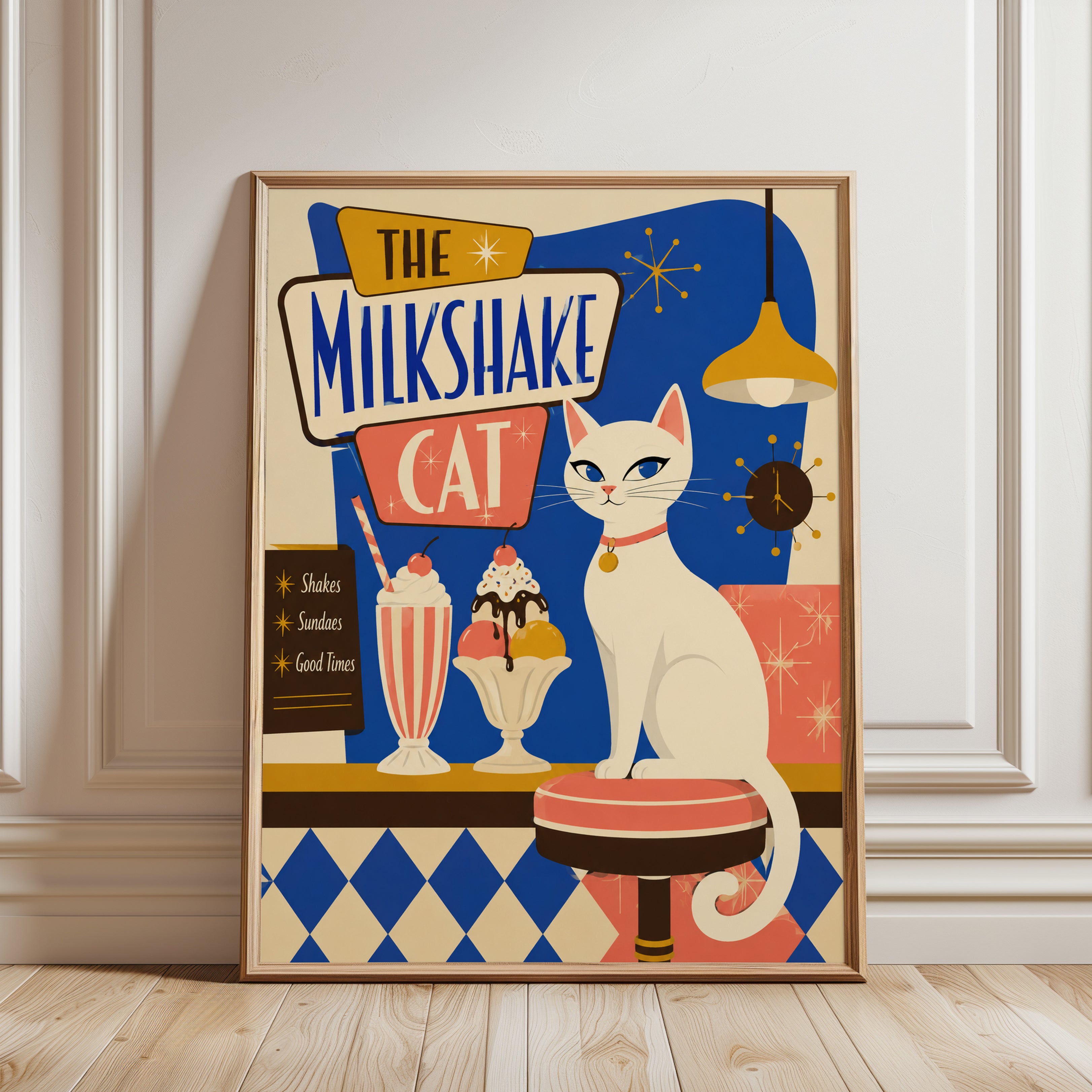 Retro Diner Wall Art – Mid Century Cat Print - framed detail