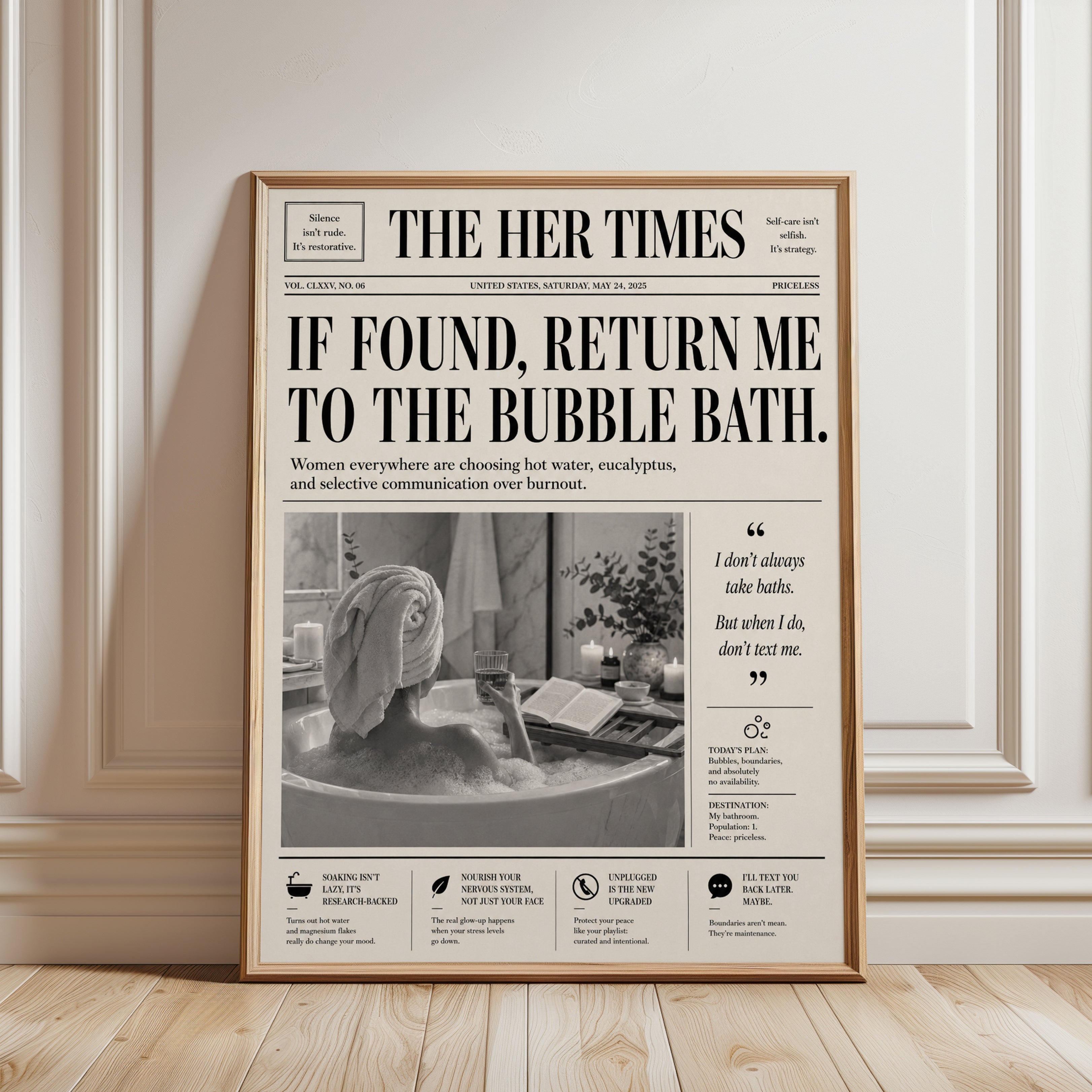 Vintage Newspaper Bathroom Print - framed detail