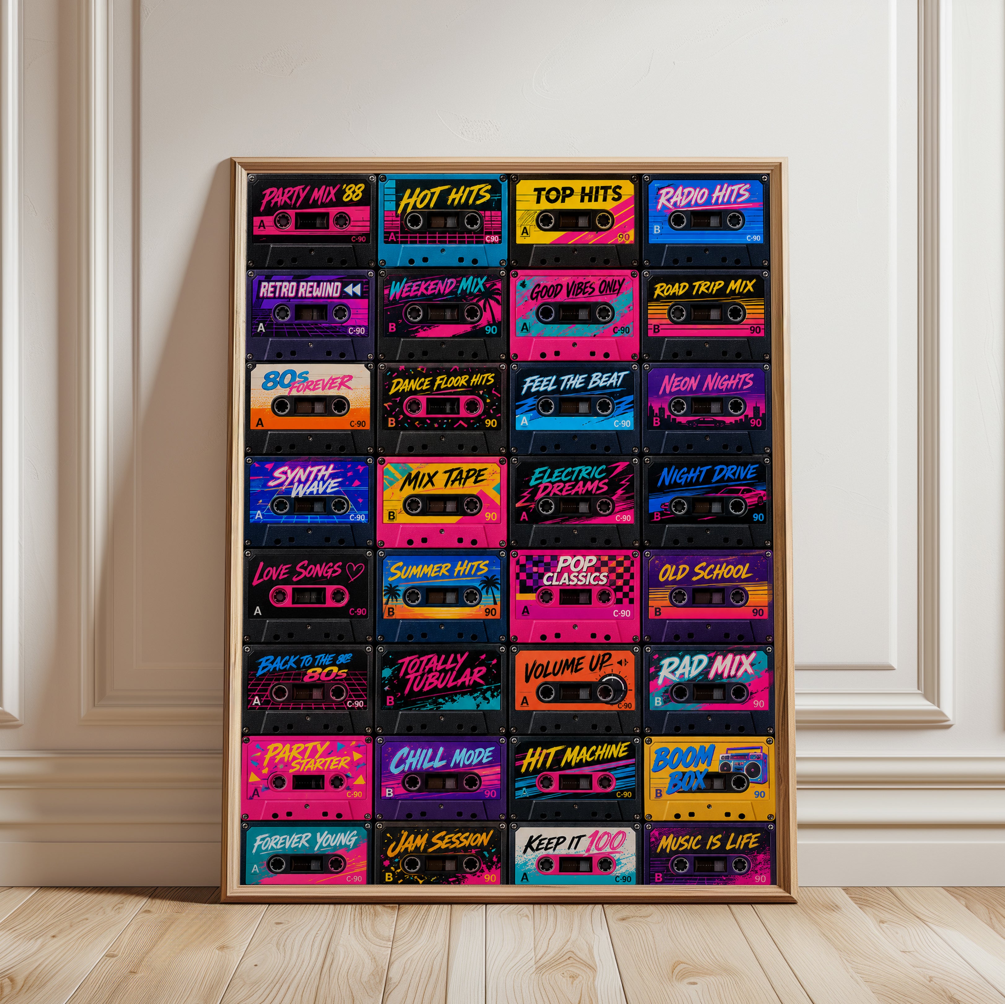Retro Cassette Tape Wall Art: 1980s Neon Music Collection - framed detail