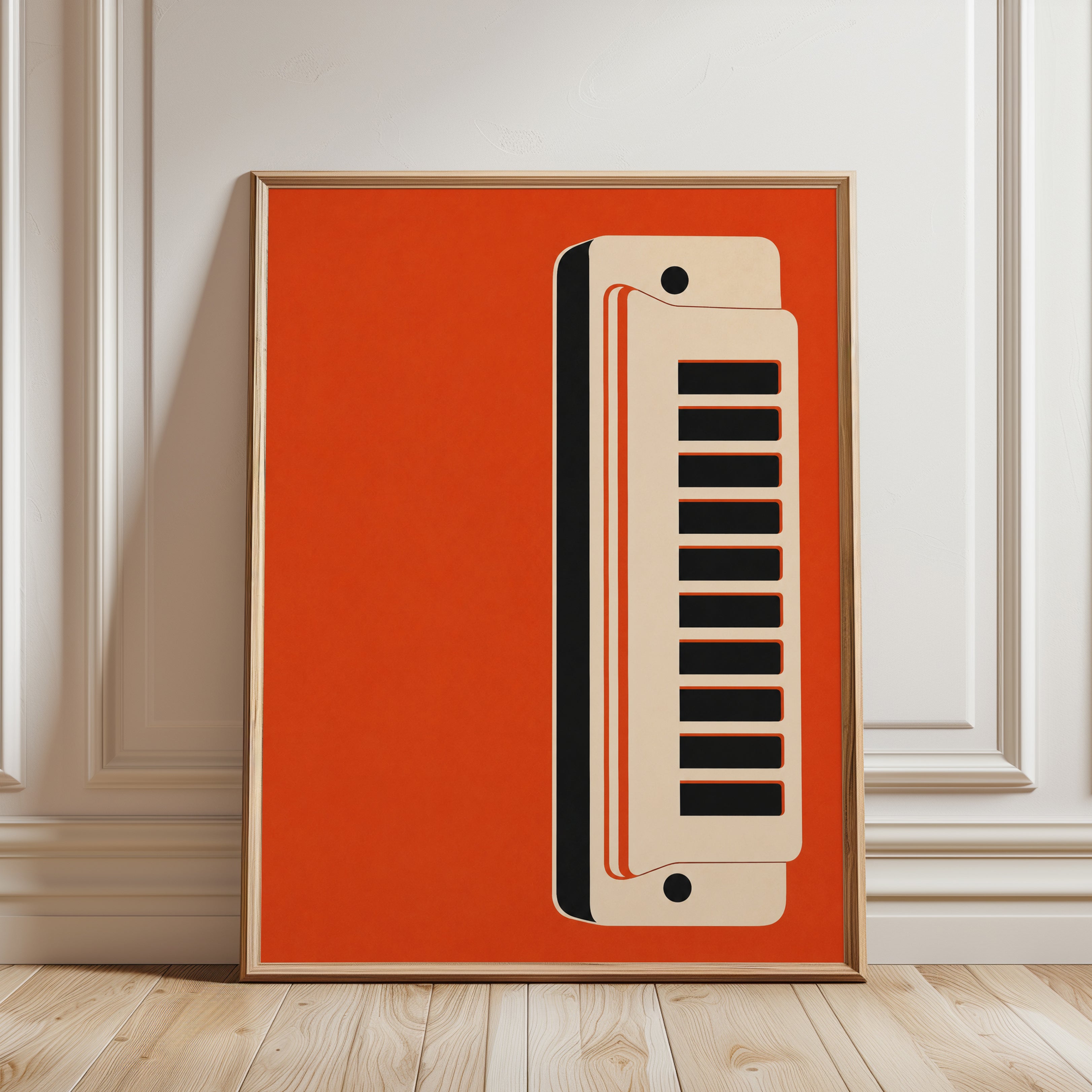 Vintage Synthesizer Poster: Retro Orange Minimalist Music Art - framed detail