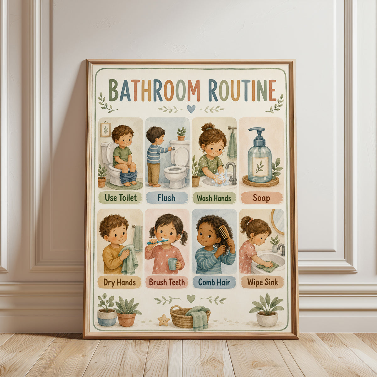 Bathroom Routine Poster: Educational Kids' Hygiene Chart - framed detail