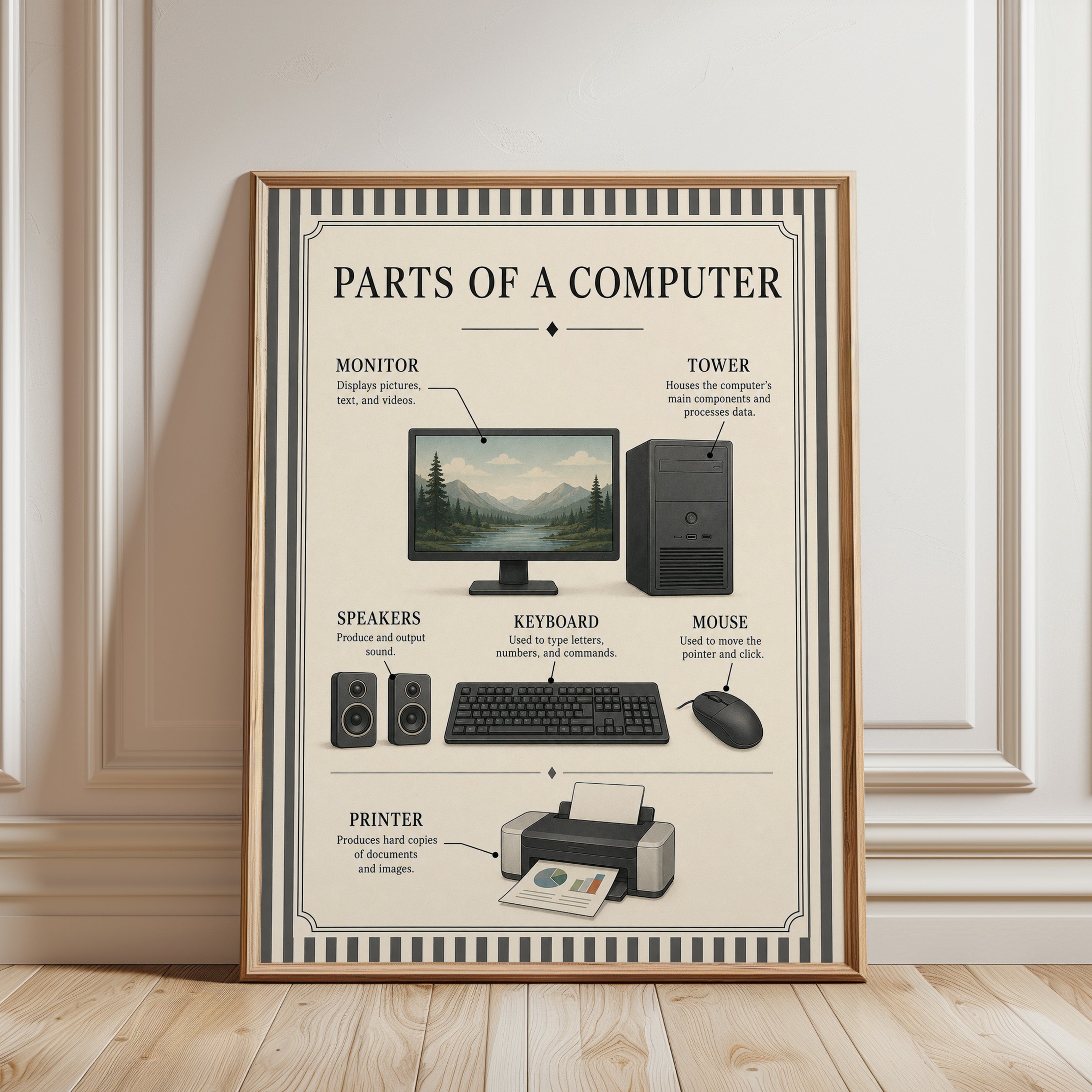 Parts of a Computer: Vintage Educational Diagram Poster - framed detail