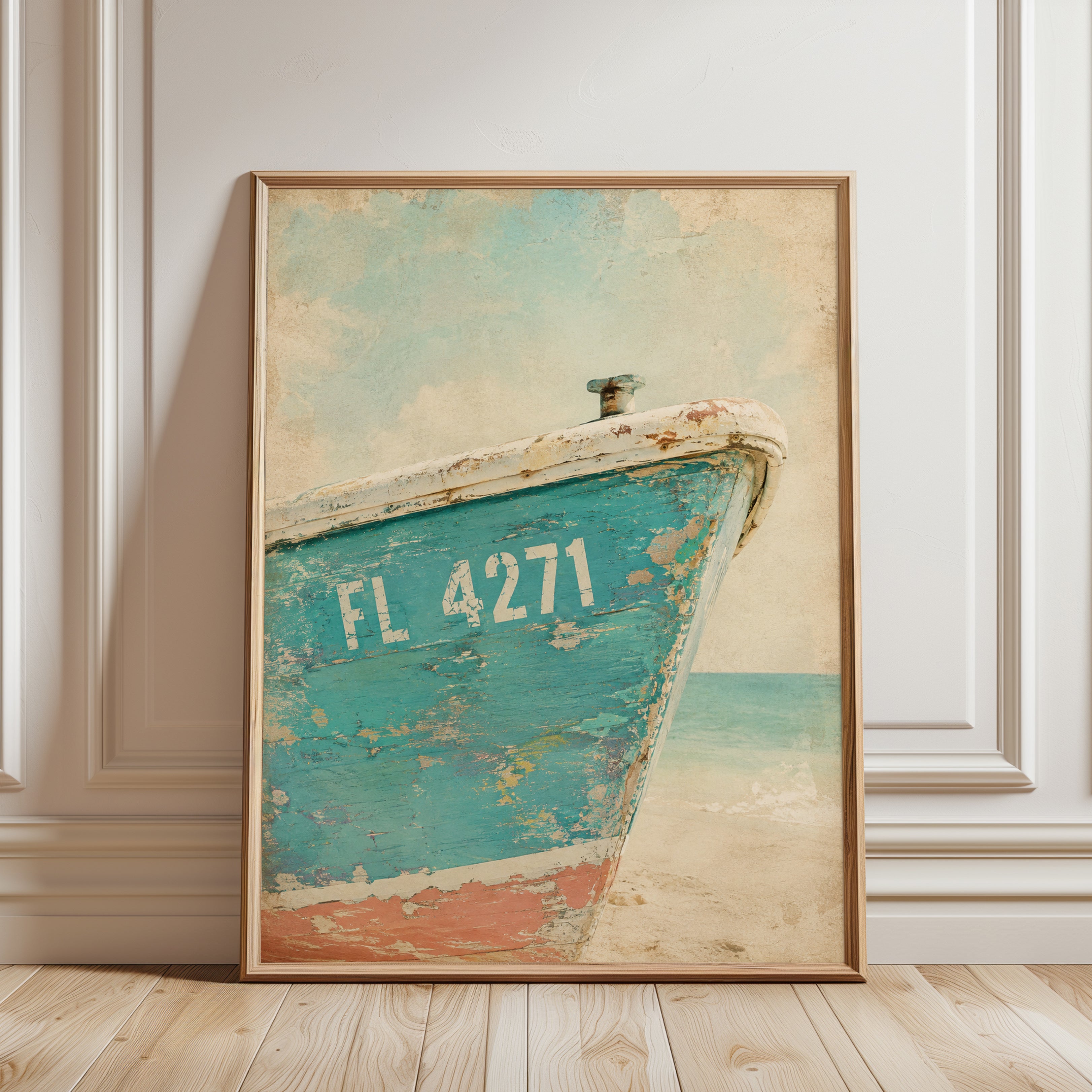 Vintage Boat Wall Art – Coastal Decor Print - framed detail