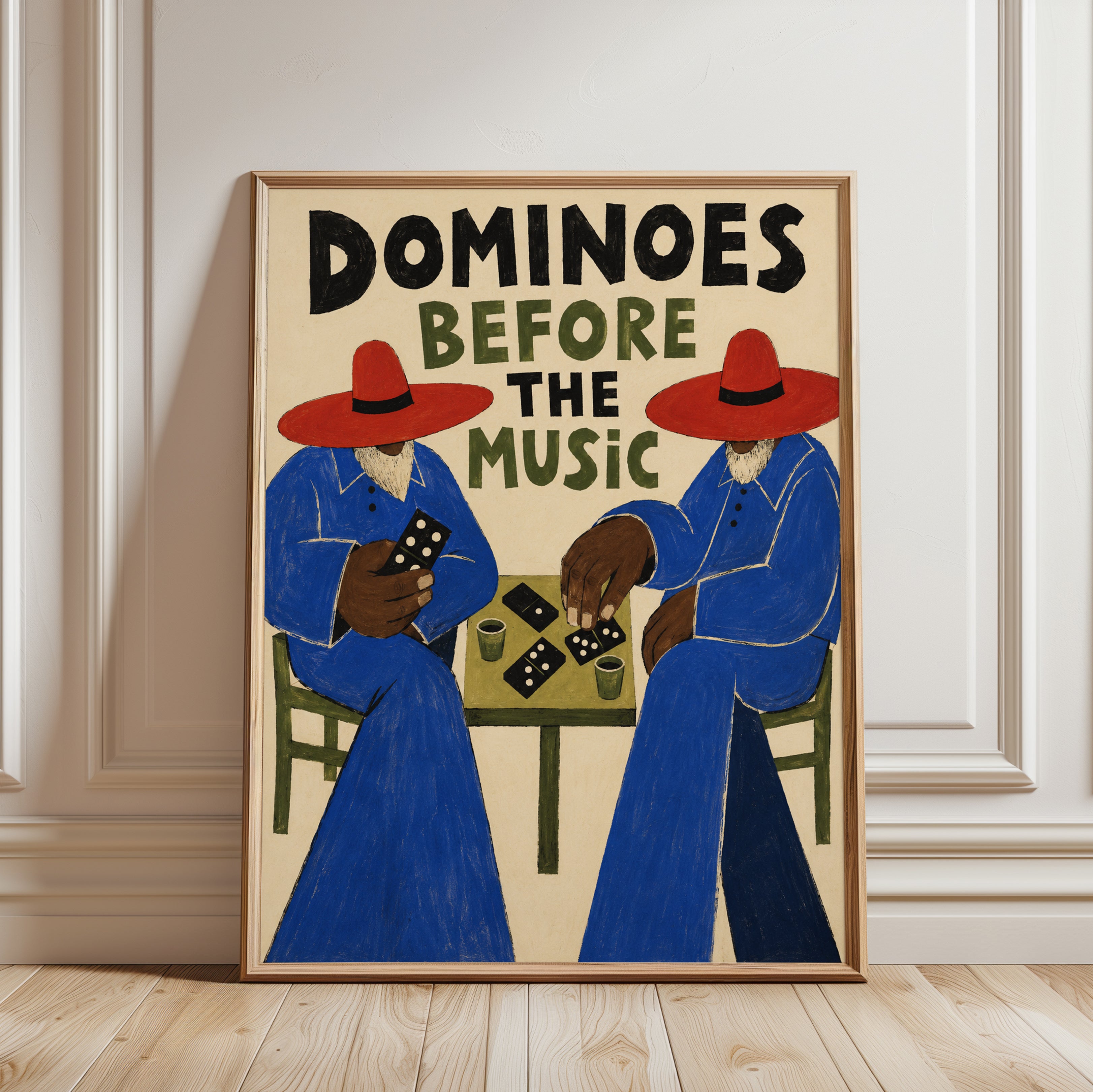 Dominoes Before The Music: Vintage Folk Art Print - framed detail