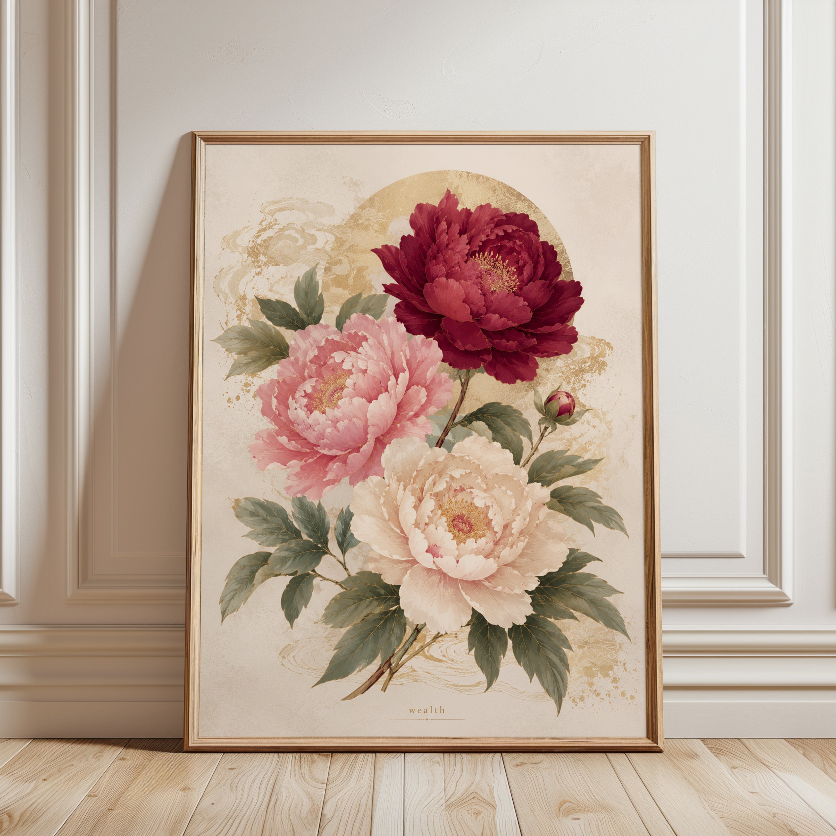 Peony Wall Art – Vintage Floral Print - framed detail
