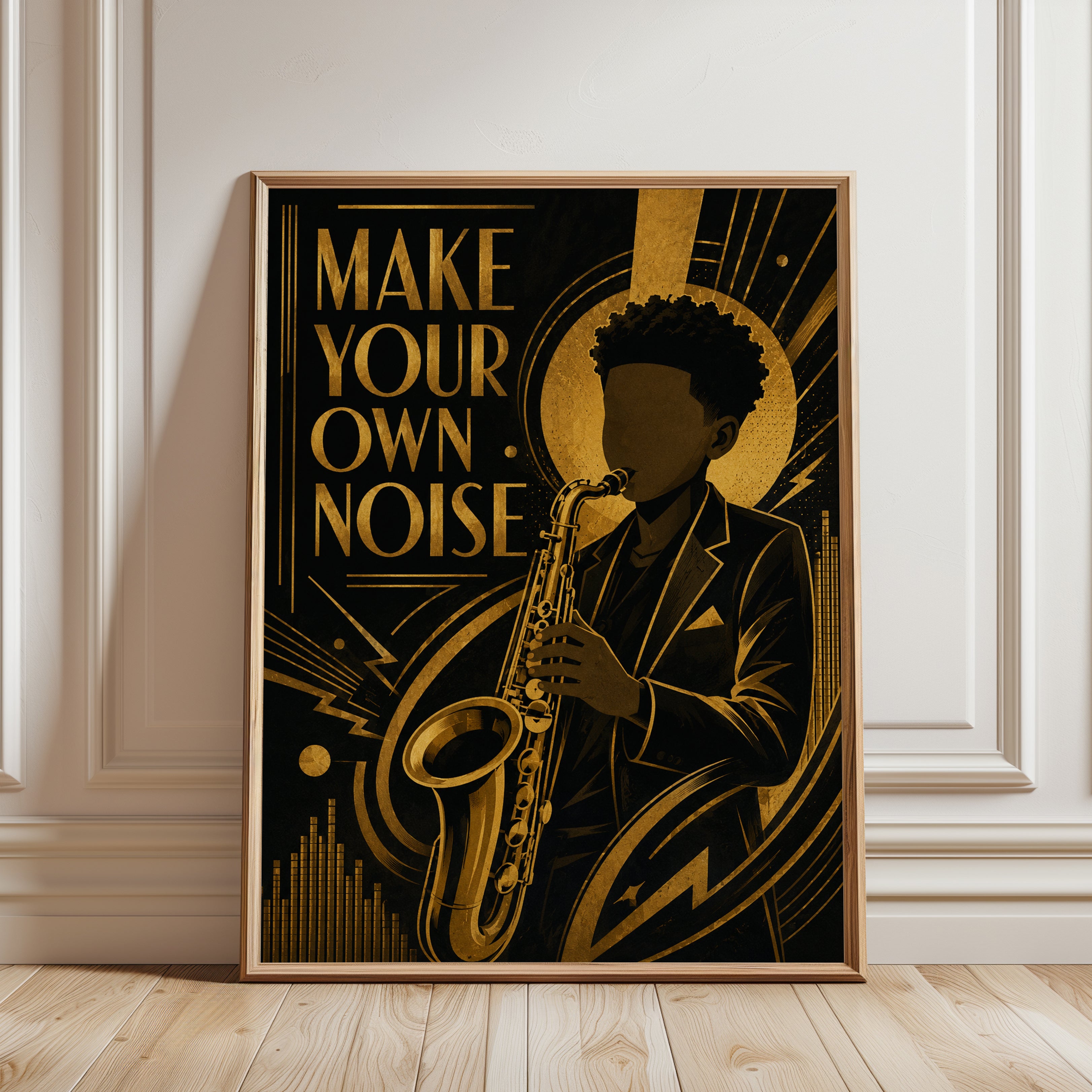 Make Your Own Noise Art Deco Saxophone Jazz Poster - framed detail