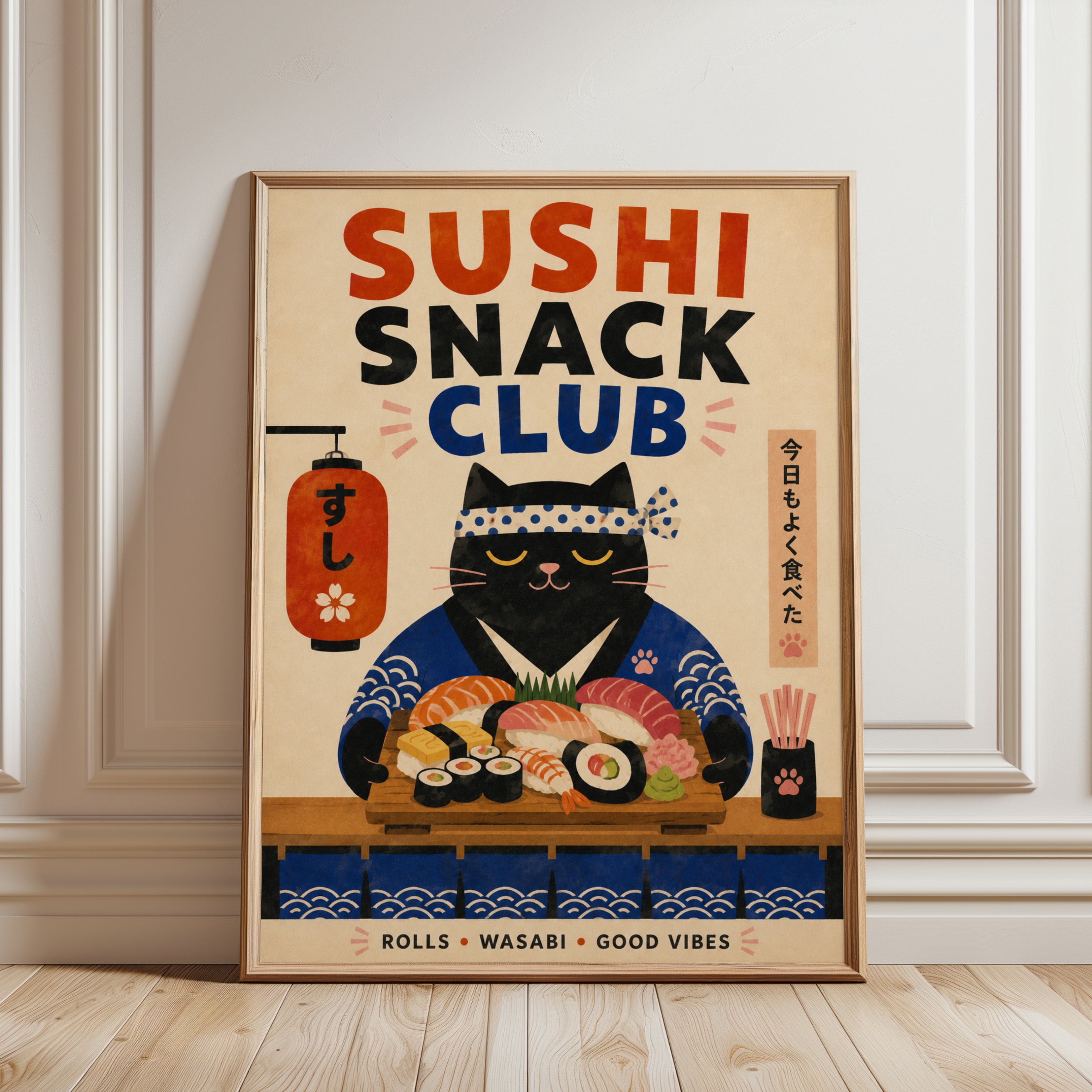 Sushi Wall Art – Japanese Cat Print - framed detail