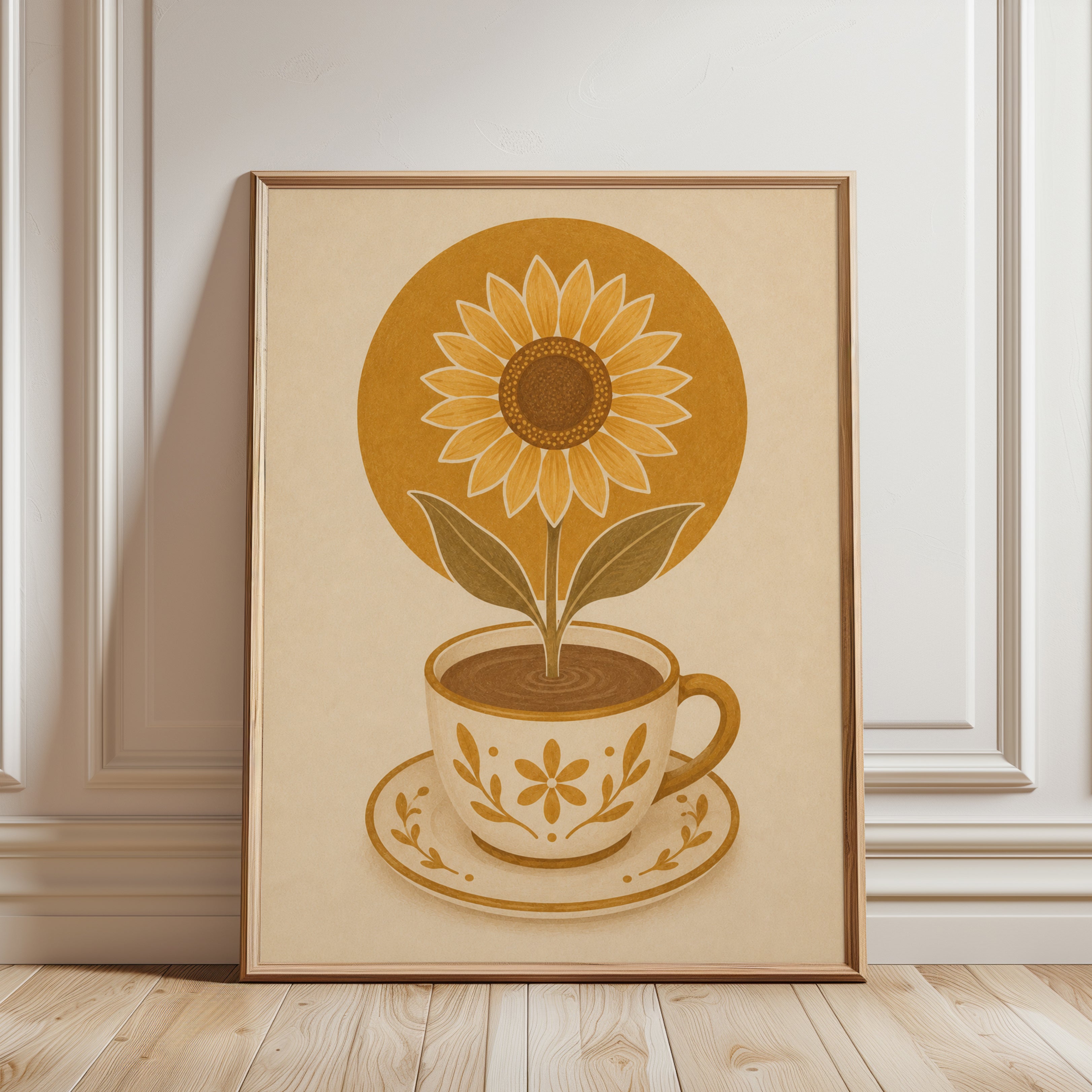 Sunflower Coffee Cup Art Print: Retro Botanical Kitchen Poster - framed detail