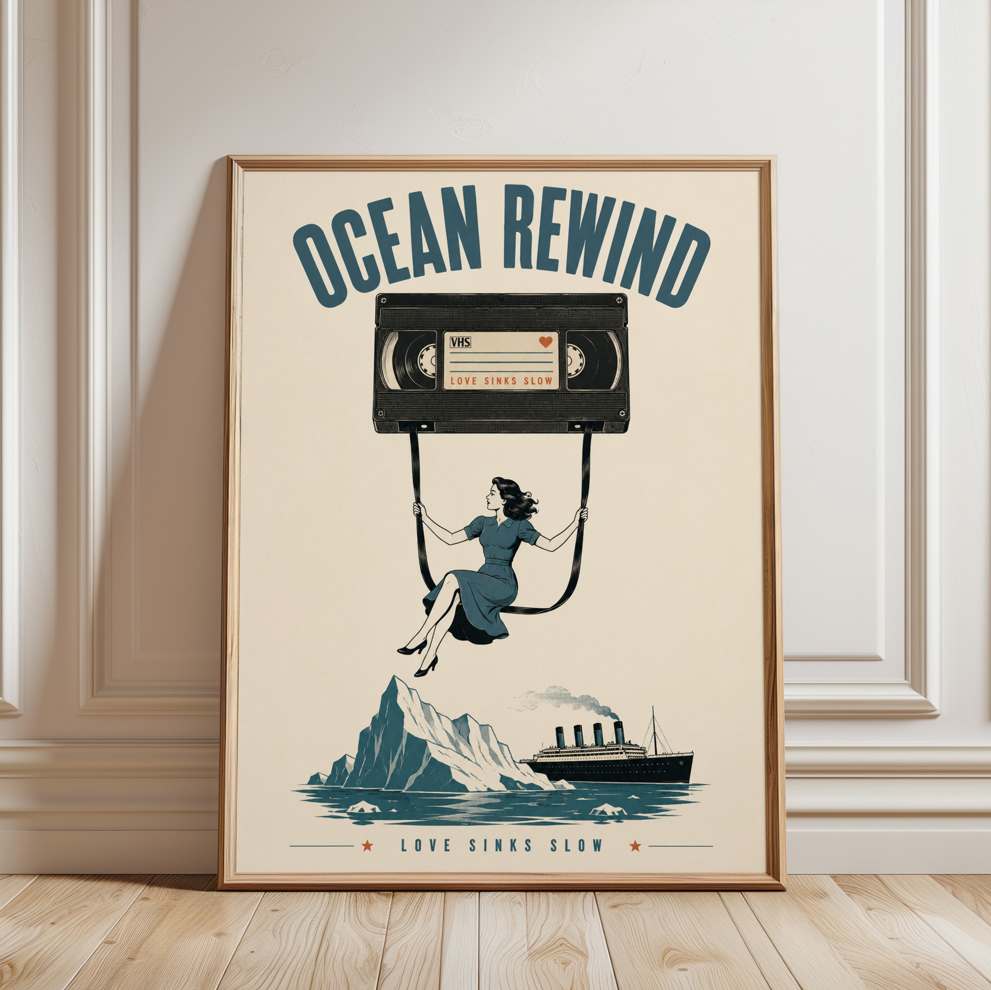 Ocean Rewind Retro Cassette Art Print: Vintage Nostalgia Design - framed detail