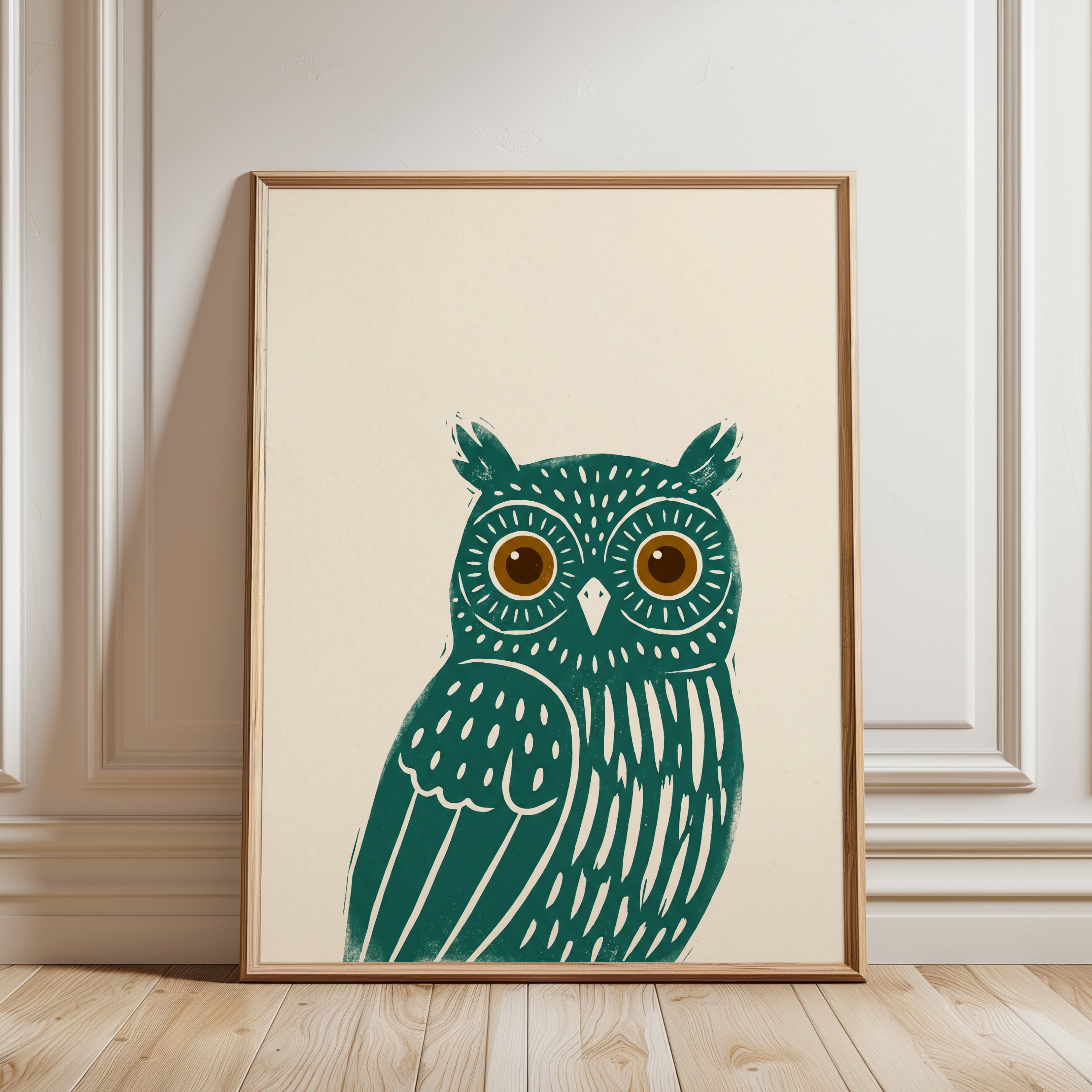 Teal Owl Art Print: Scandinavian Folk Style Nursery Decor - framed detail