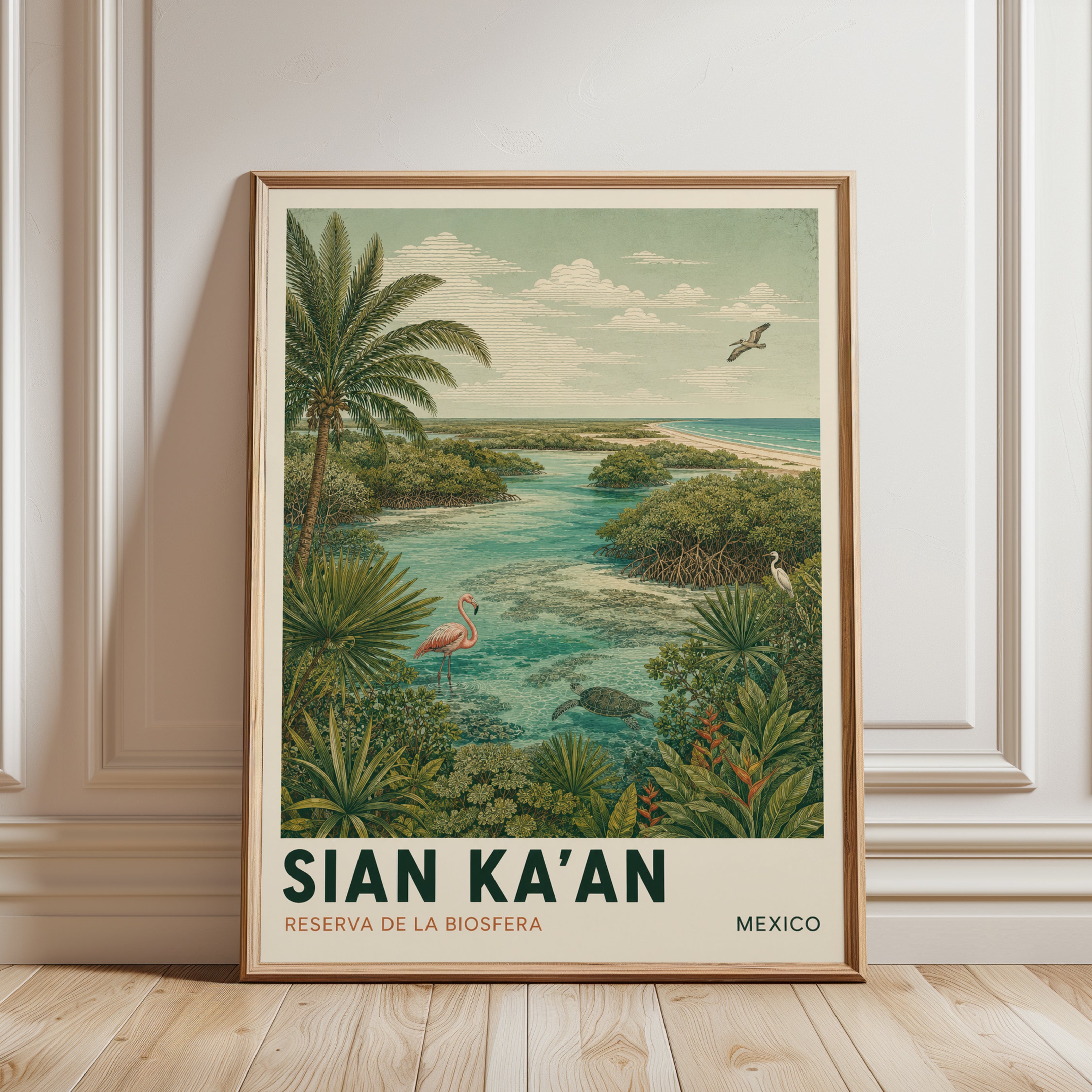 Vintage Travel Poster – Sian Kaan Mexico Print - framed detail