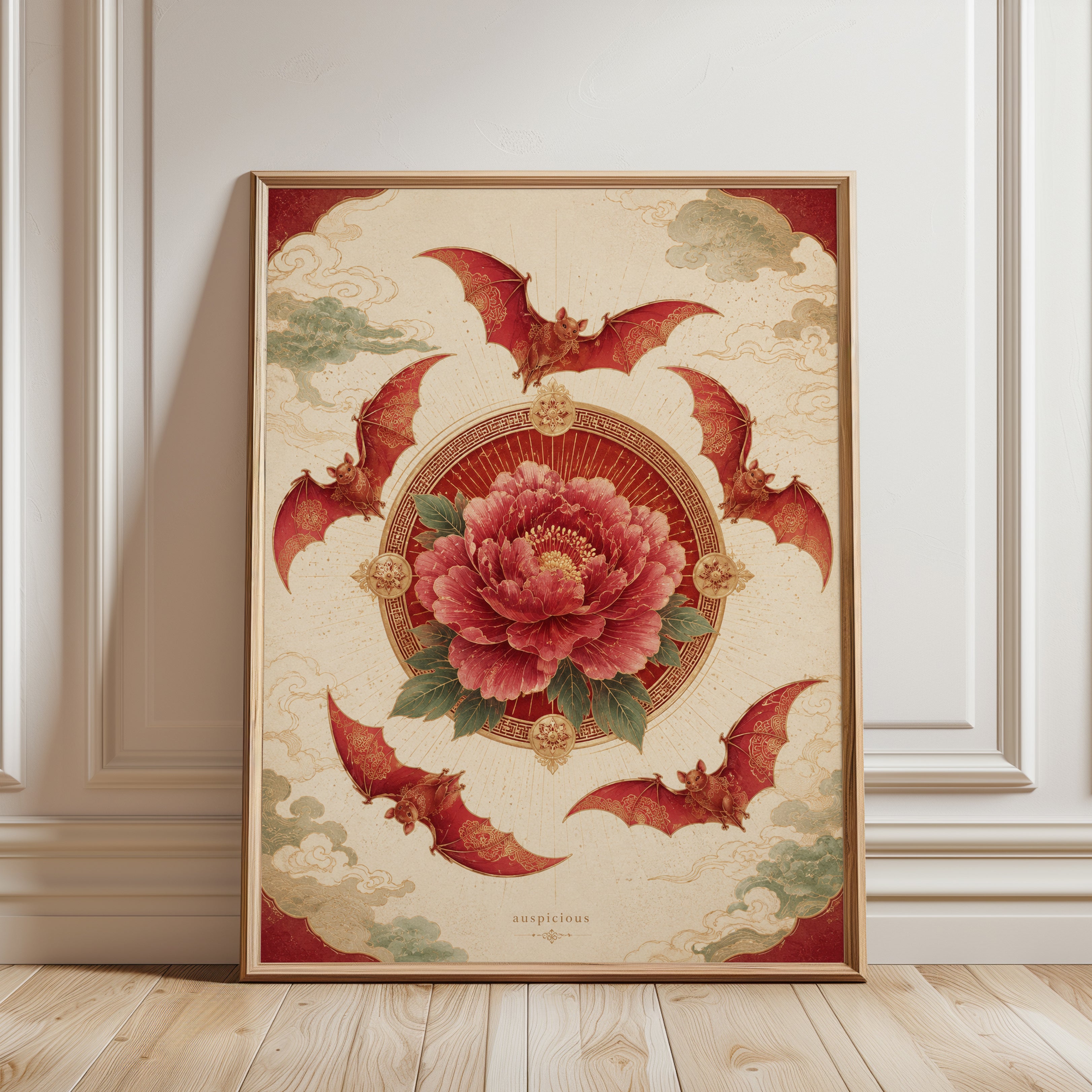 Chinese Peony Wall Art – Oriental Floral Print - framed detail