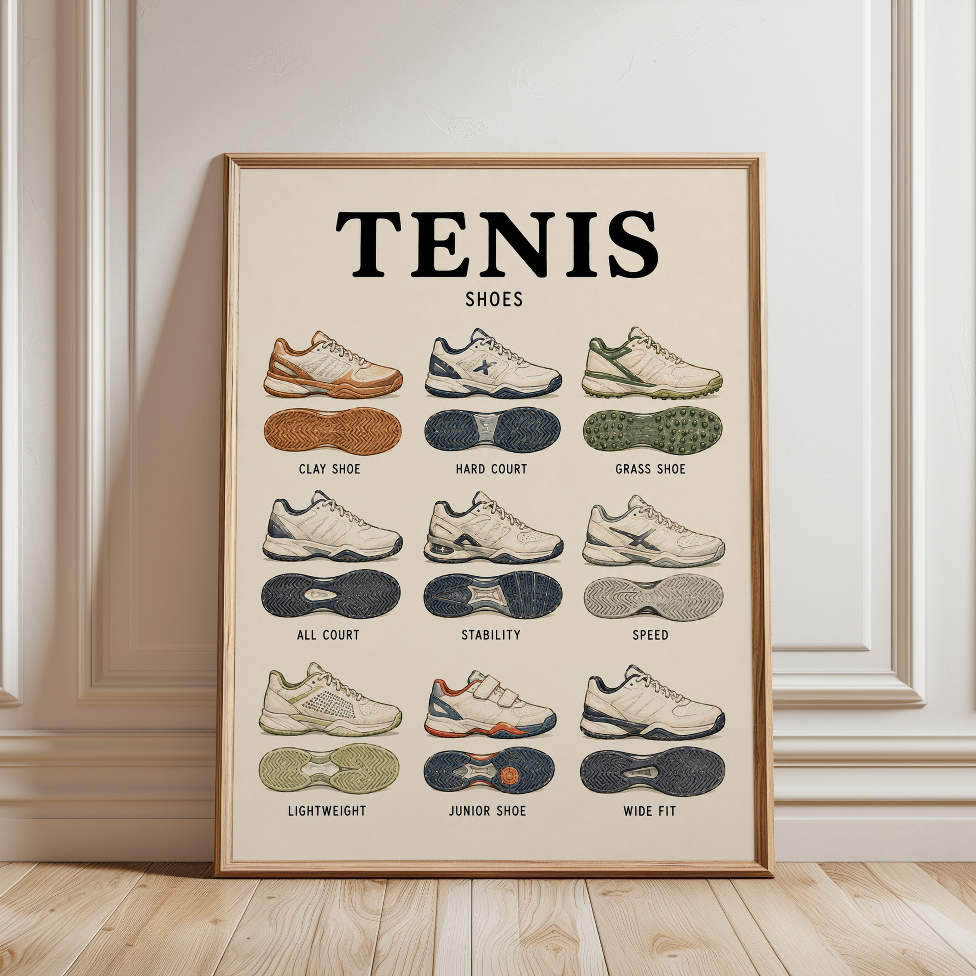 Tennis Shoes Educational Print — Illustrated Guide to Court Shoe Types - framed detail