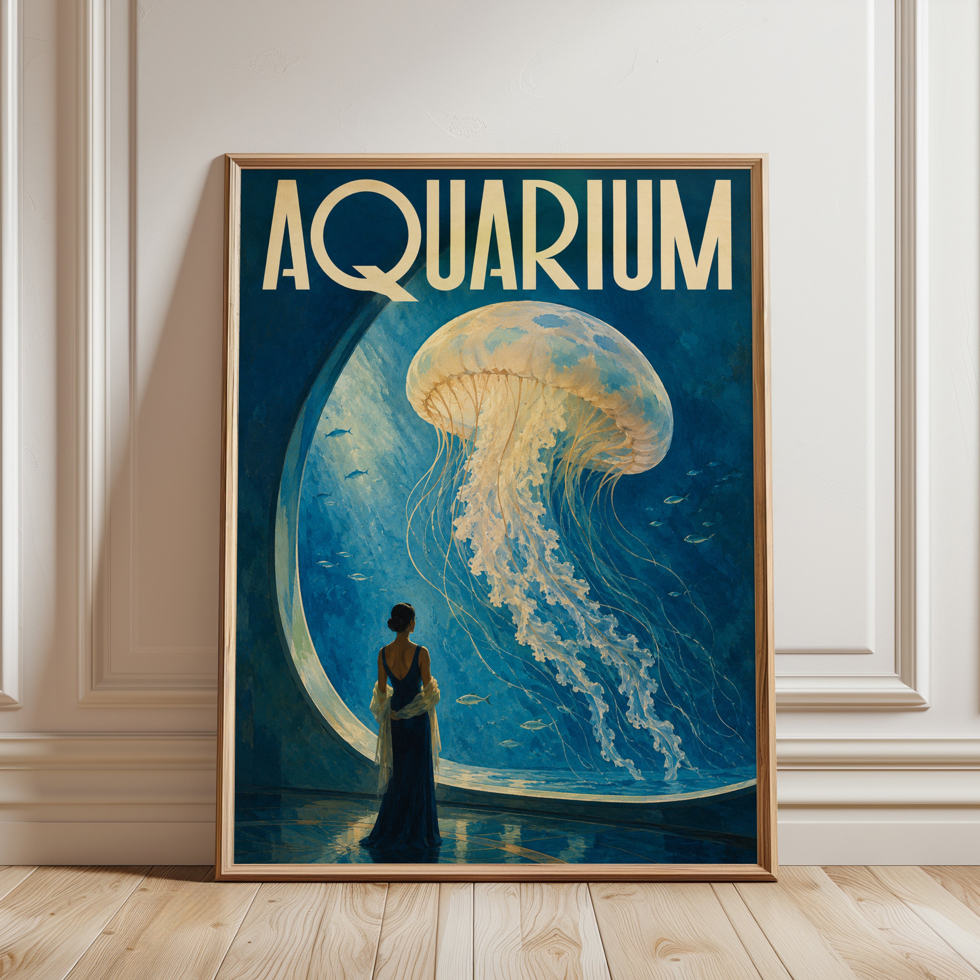 Vintage Aquarium Poster – Jellyfish Print - framed detail