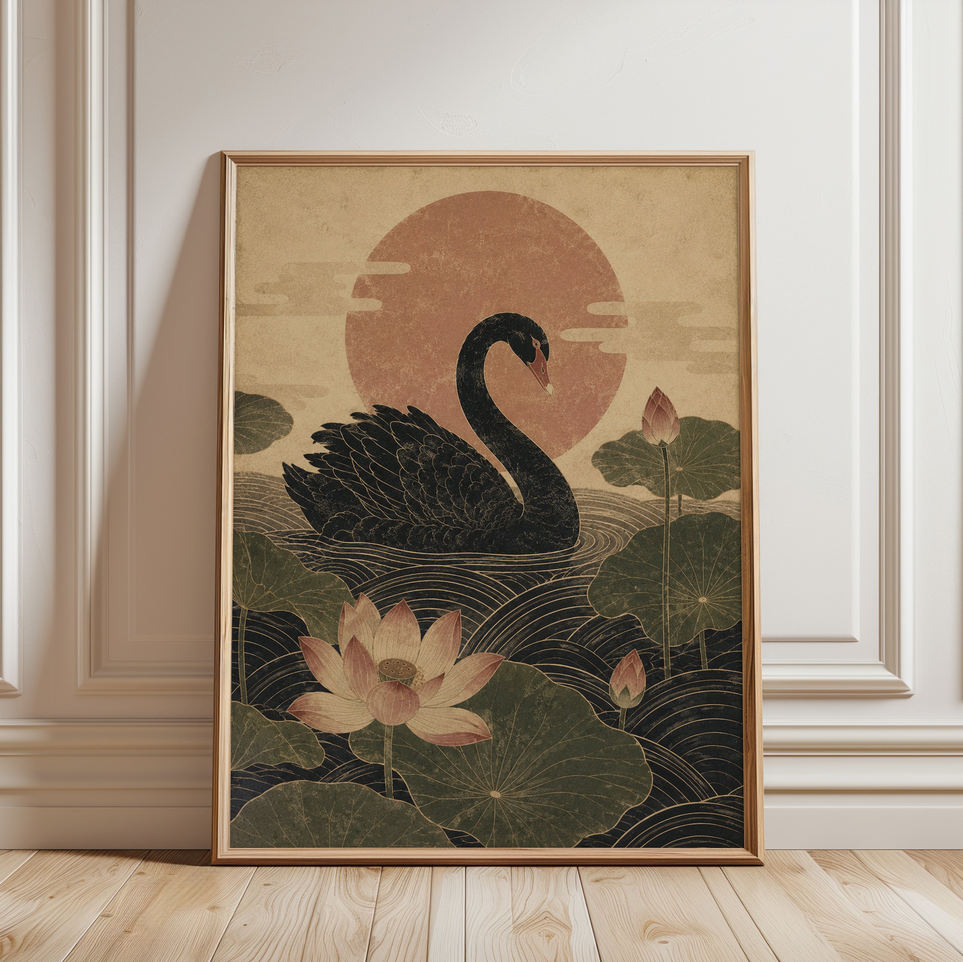 Black Swan Art Print: Japanese Lotus and Sun - framed detail