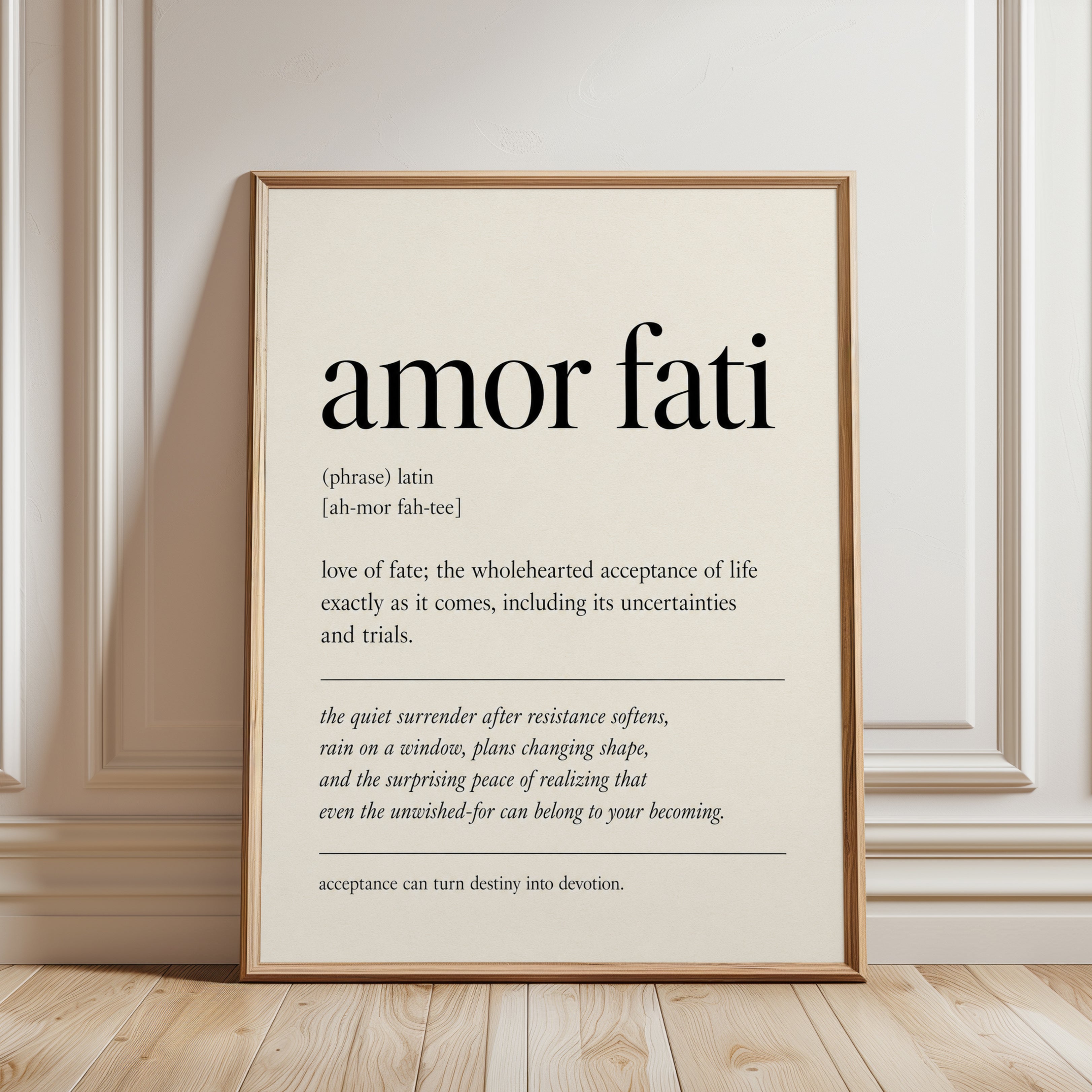 Amor Fati Definition Print: Minimalist Beige Typography Wall Art - framed detail