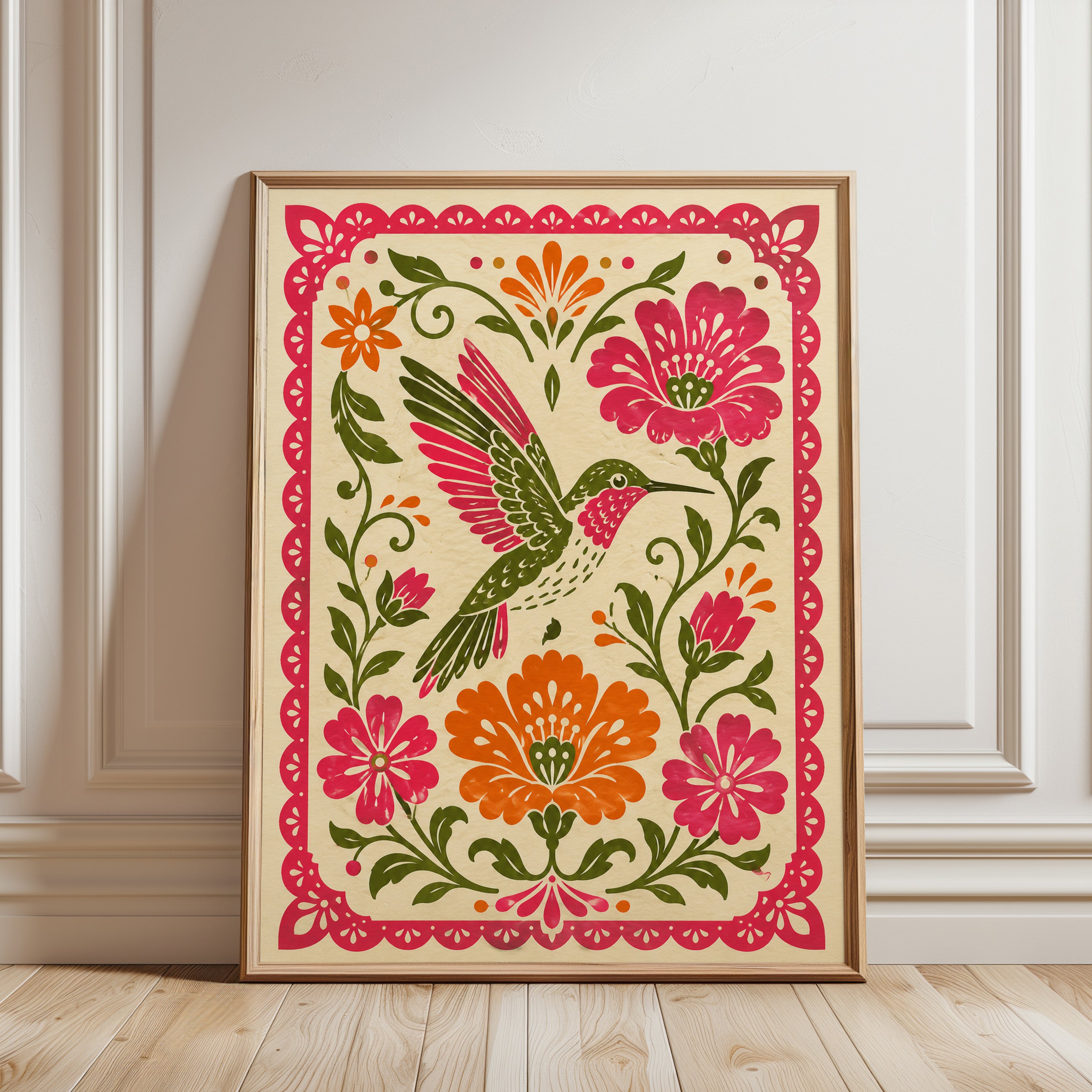 Folk Art Hummingbird Print – Floral Wall Art - framed detail