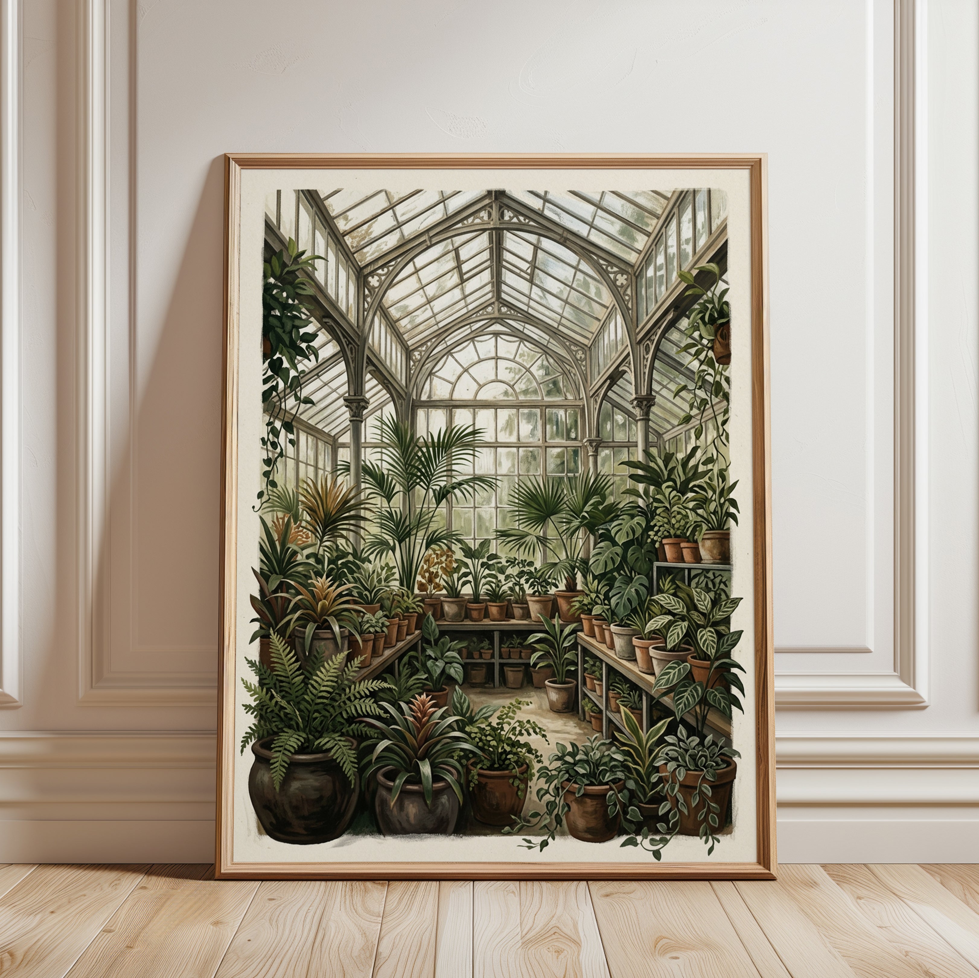 Victorian Greenhouse with Tropical Plants: Botanical Art Print - framed detail