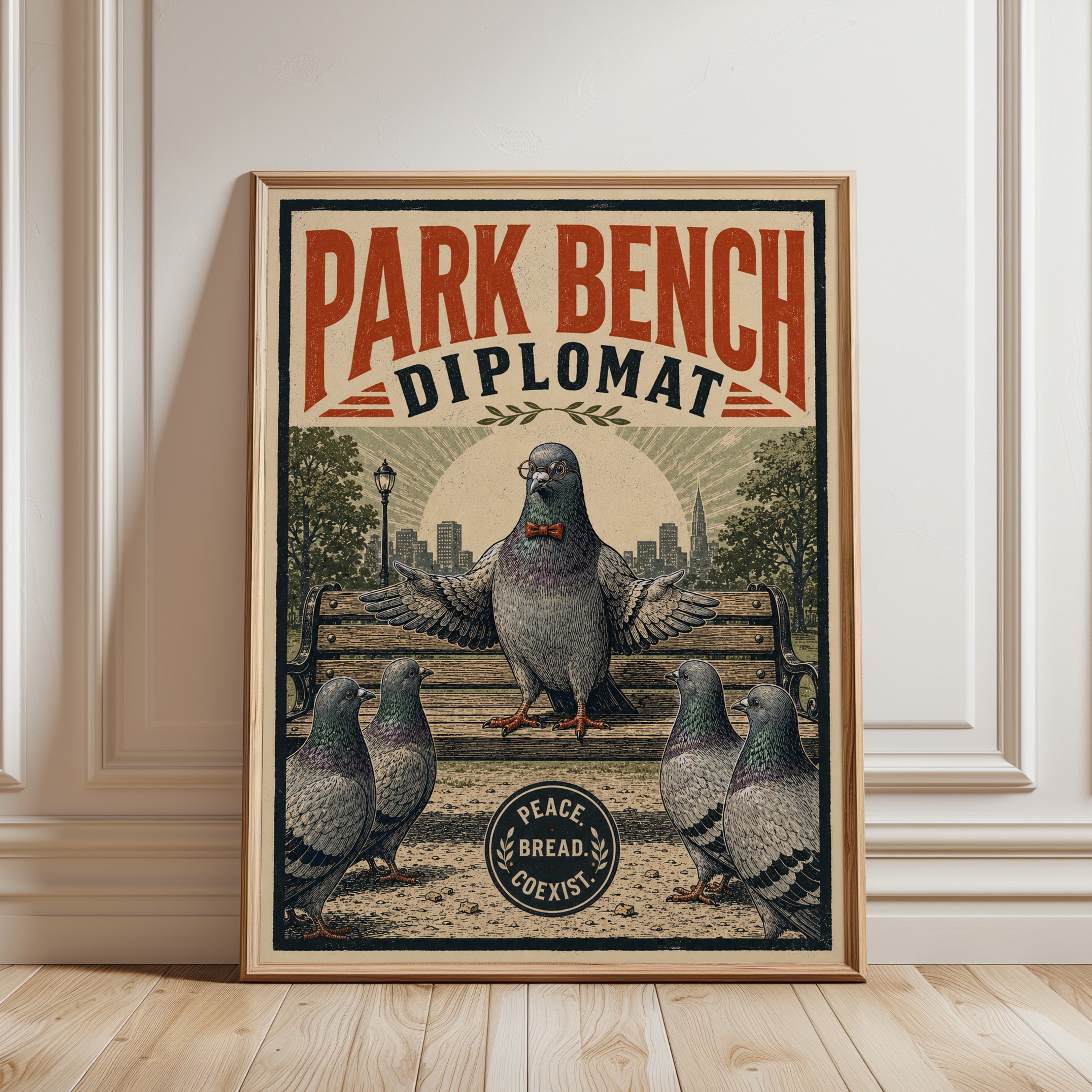Park Bench Diplomat Poster: Vintage Pigeon Art (Mid-Century Style) - framed detail
