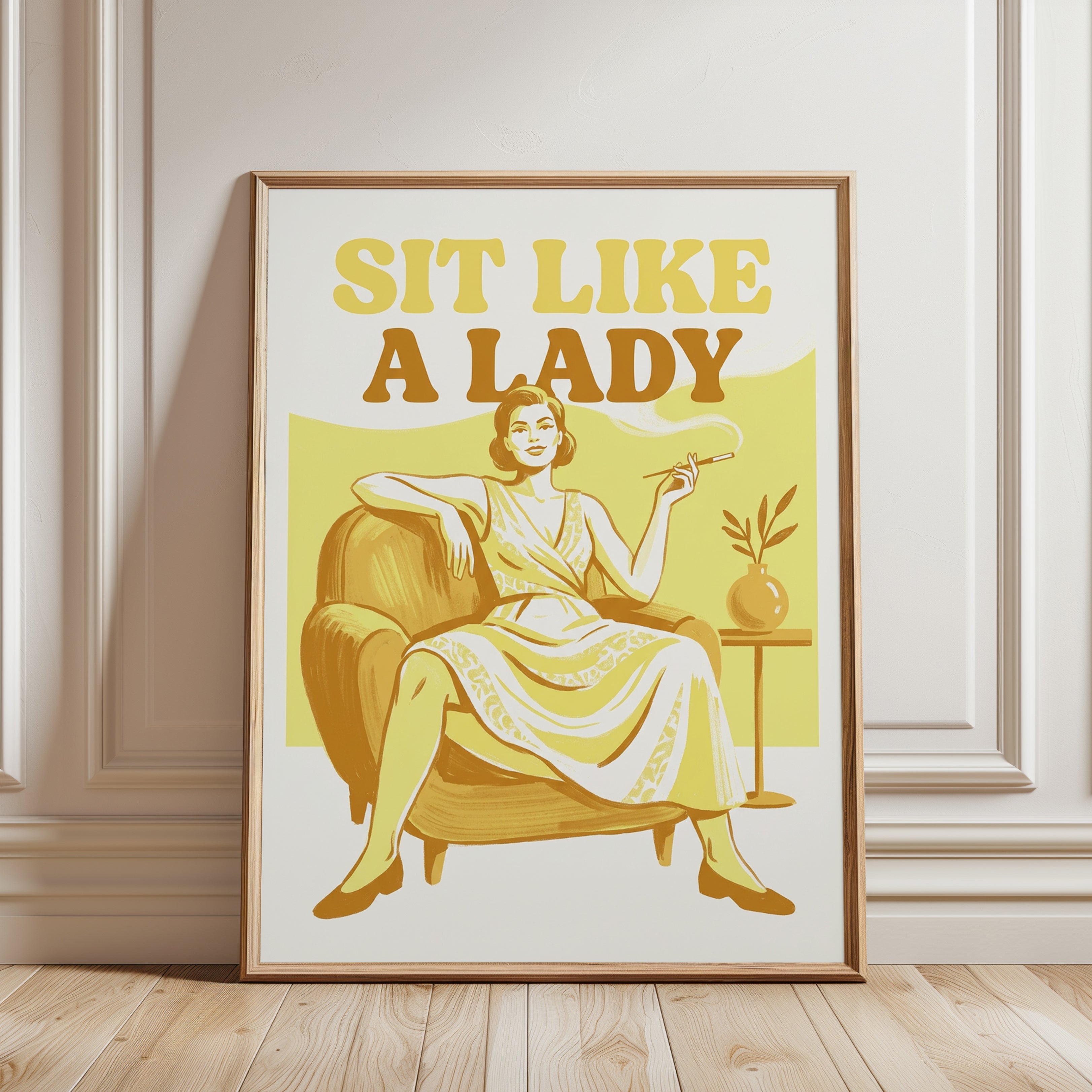Sit Like a Lady Retro Poster: Mid-Century Yellow Wall Art - framed detail