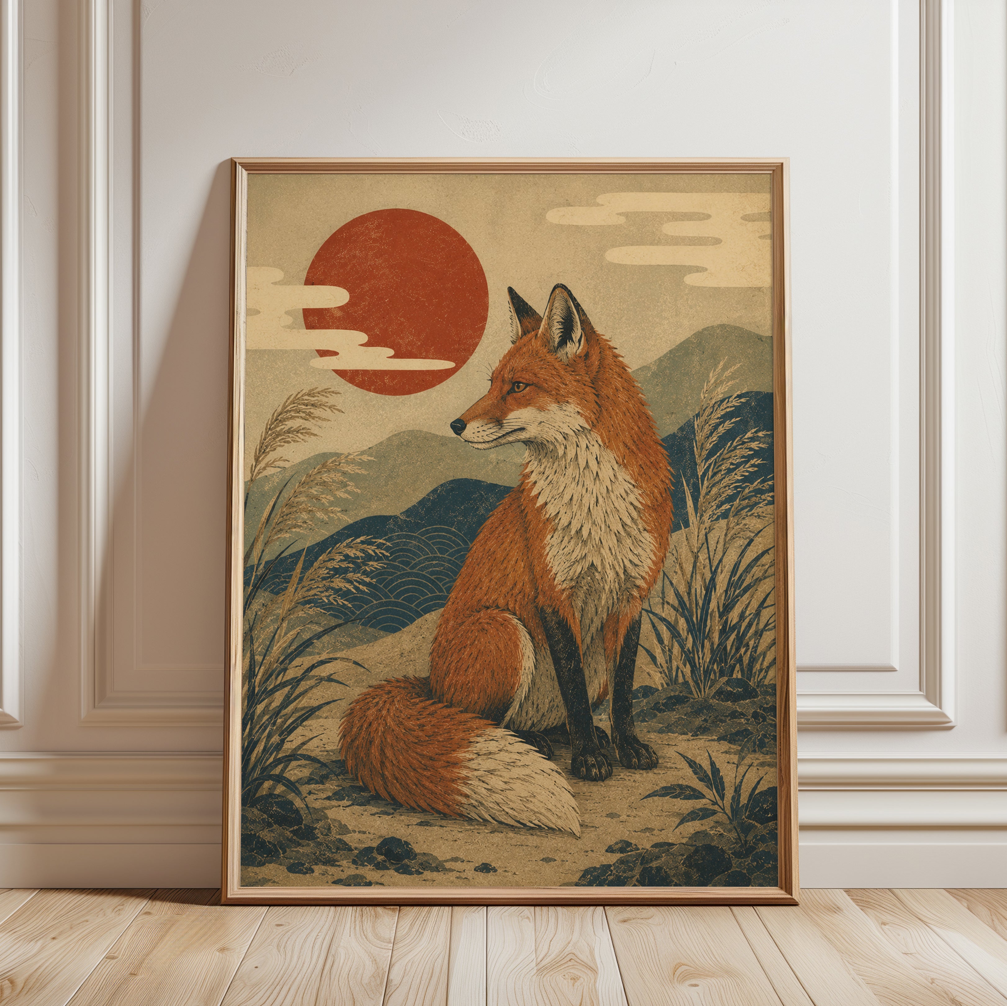 Fox Illustration Print: Japanese Ukiyo-e Inspired Art (A4 and Larger) - framed detail