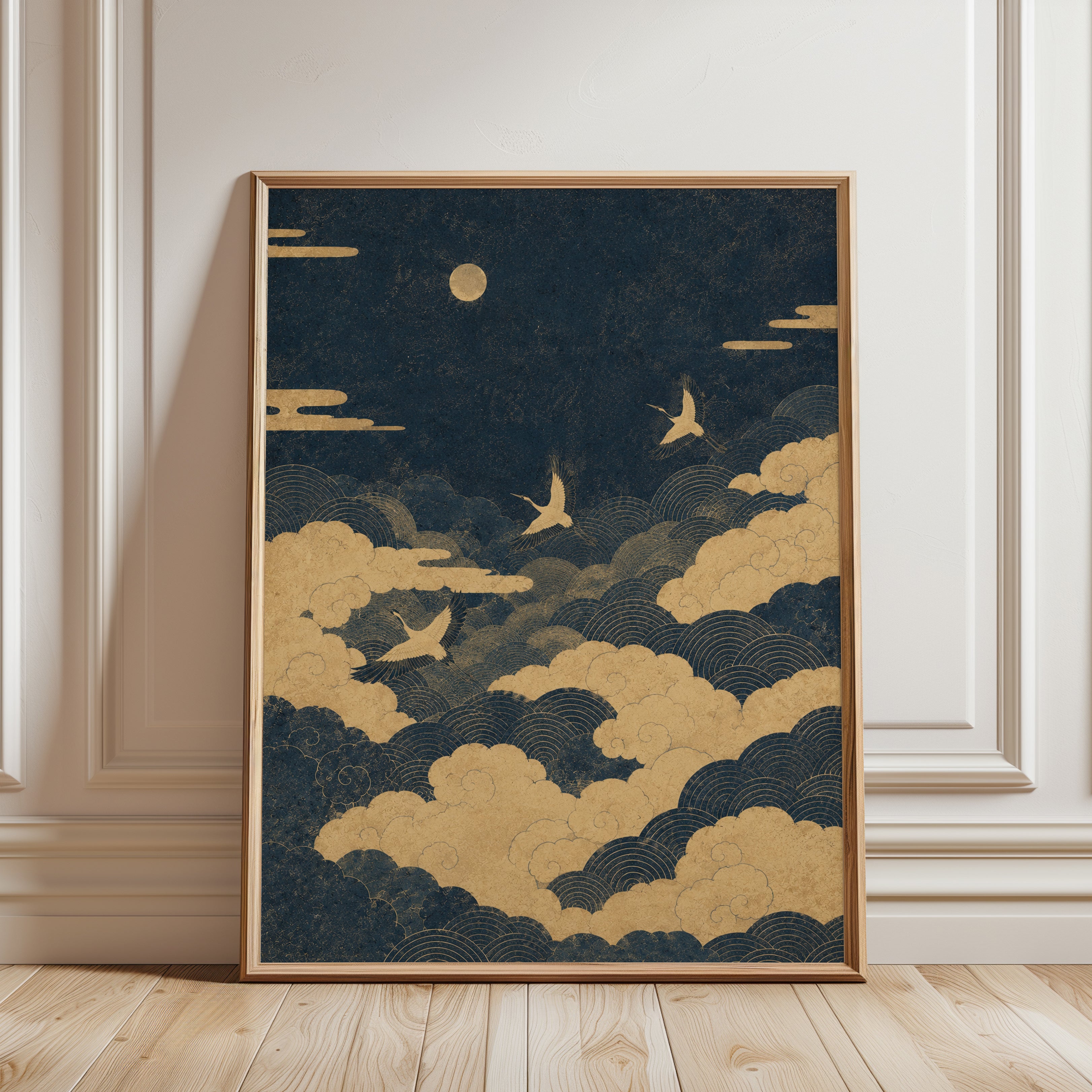 Crane Art Print: Japanese Inspired Wall Decor (Gold & Navy) - framed detail