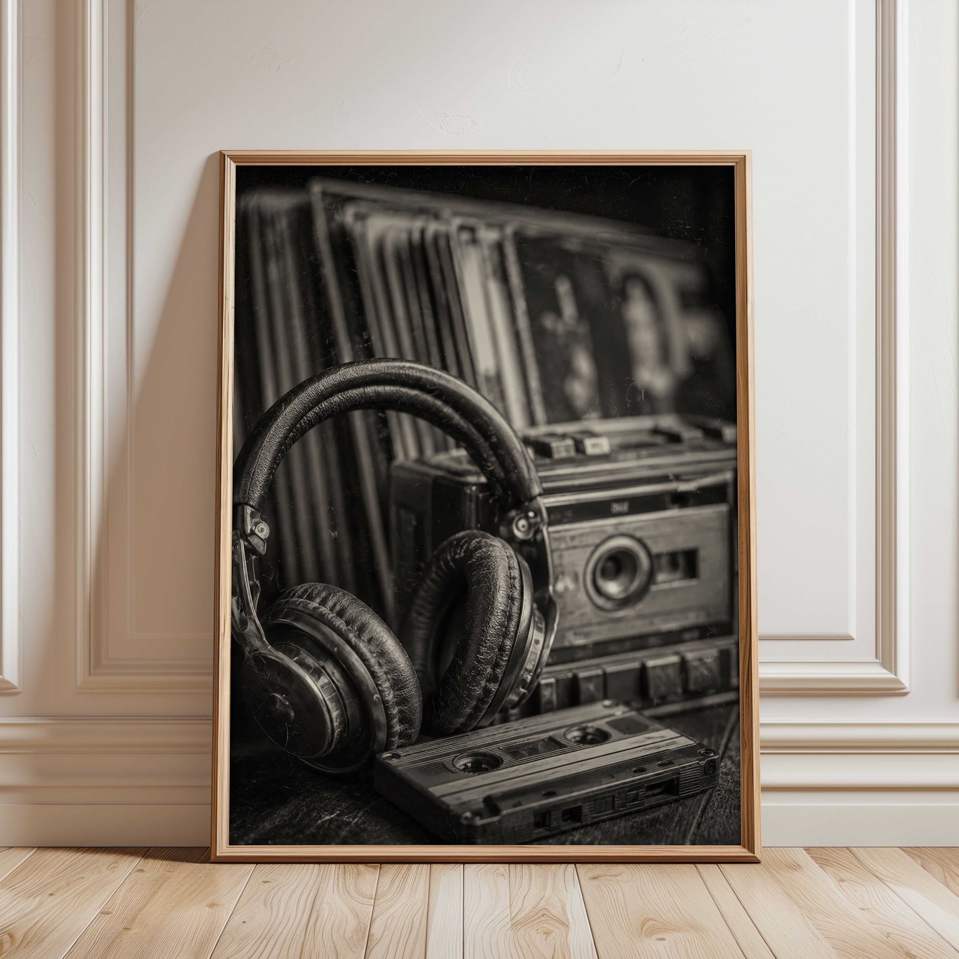 Vintage Audio Equipment Print: Black and White Retro Photography - framed detail